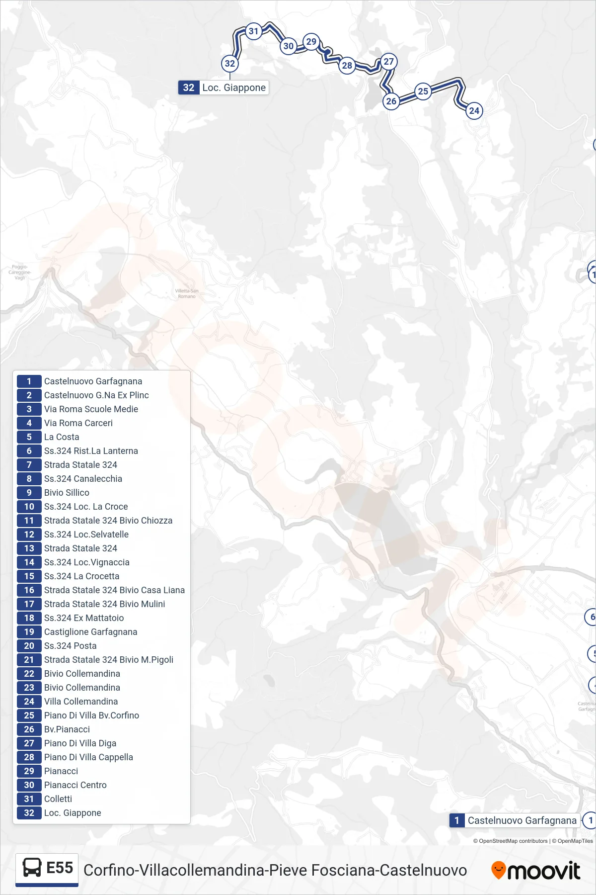 Linea E55  bus (Loc. Giappone) - Percorsi e fermate sulla mappa