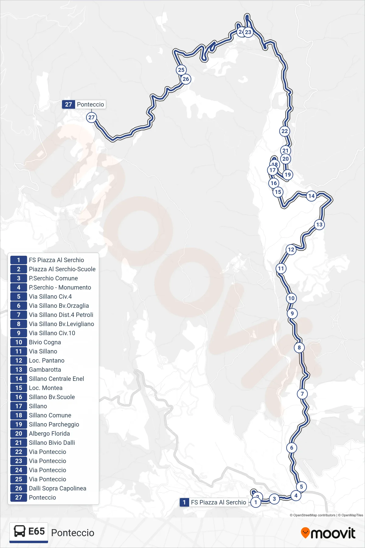 Linea E65 bus (Ponteccio) - Percorsi e fermate sulla mappa