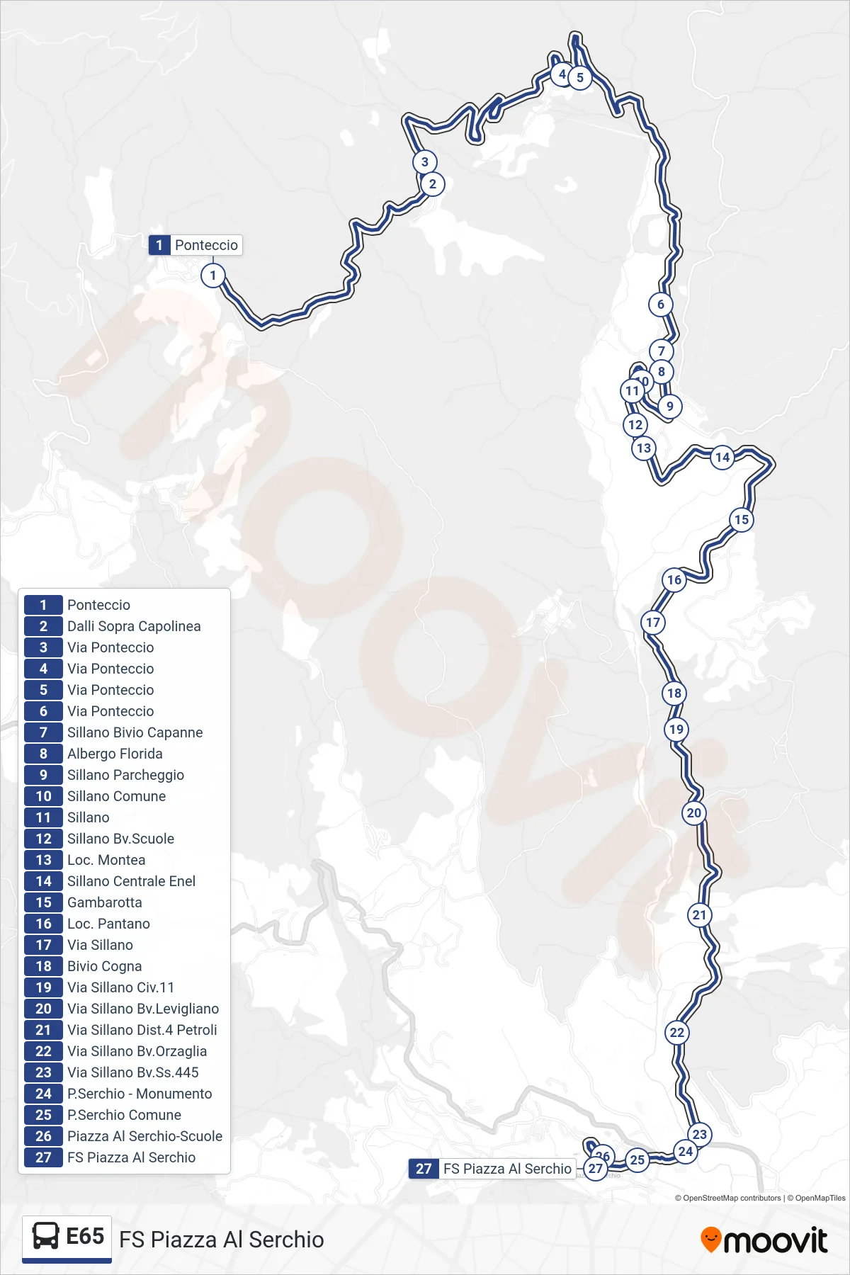 Linea E65 bus (FS Piazza Al Serchio) - Percorsi e fermate sulla mappa