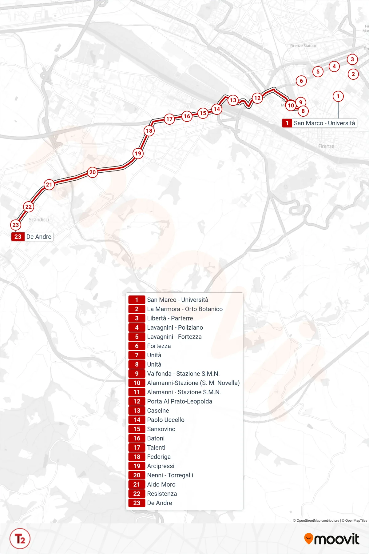 Linea T2 tram (San Marco > De Andrè) - Percorsi e fermate sulla mappa