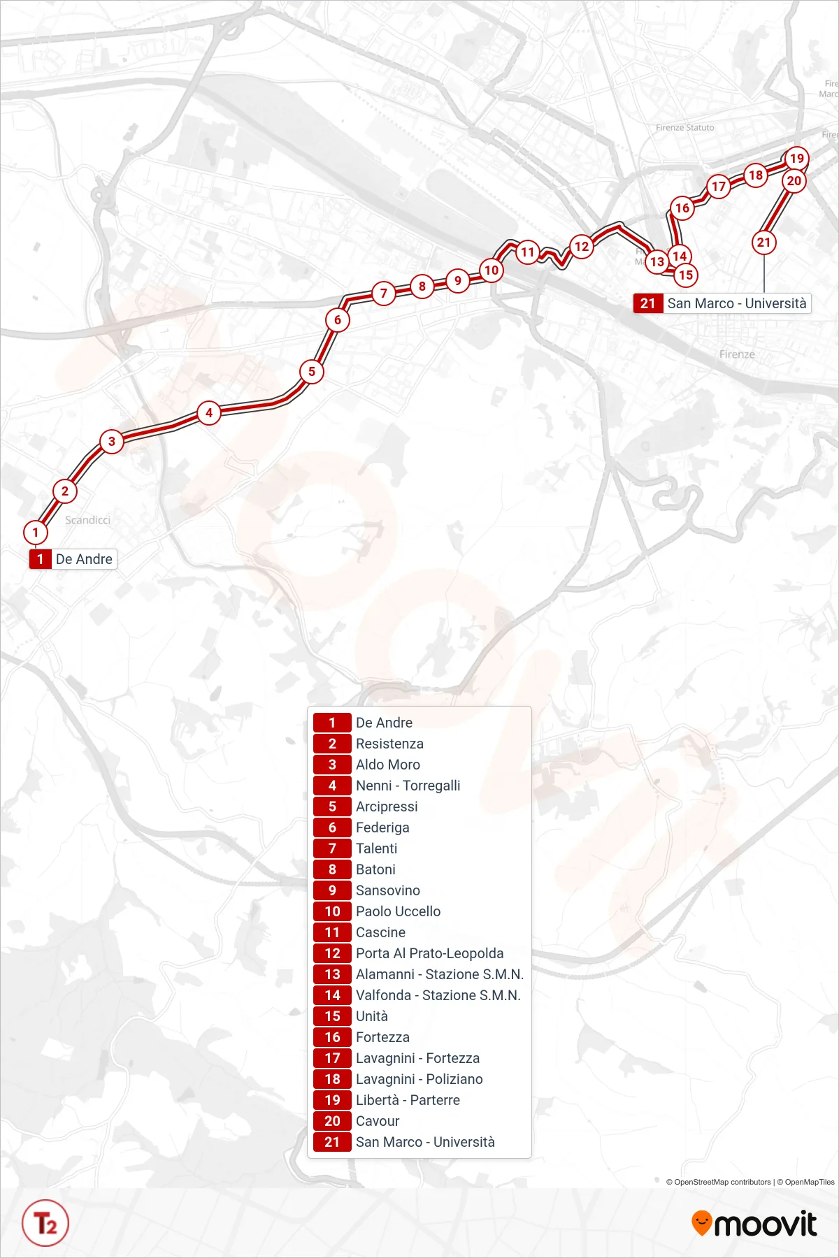 Linea T2  tram (De Andrè > San Marco) - Percorsi e fermate sulla mappa