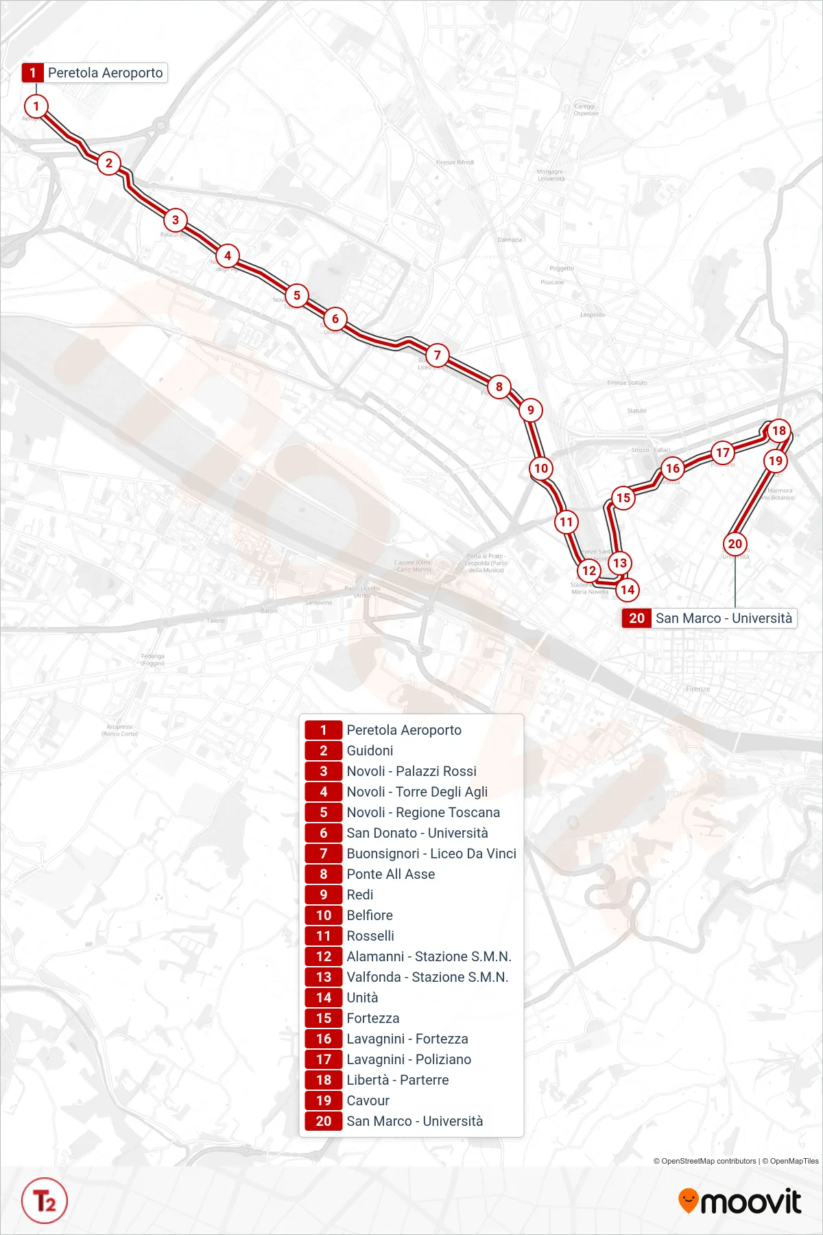 Linea T2 tram (Peretola > San Marco) - Percorsi e fermate sulla mappa