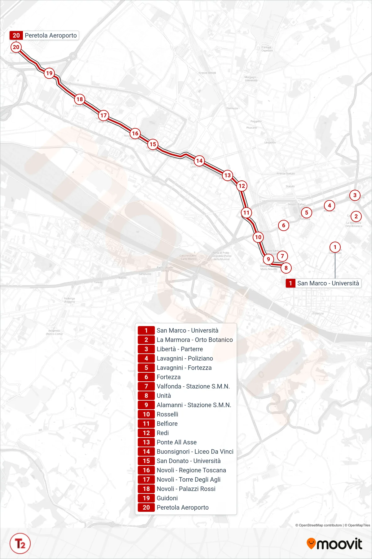 Linea T2  tram (San Marco > Peretola) - Percorsi e fermate sulla mappa