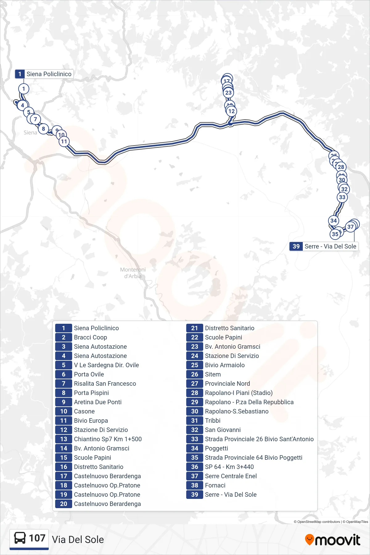 Linea 107 bus (Via Del Sole) - Percorsi e fermate sulla mappa