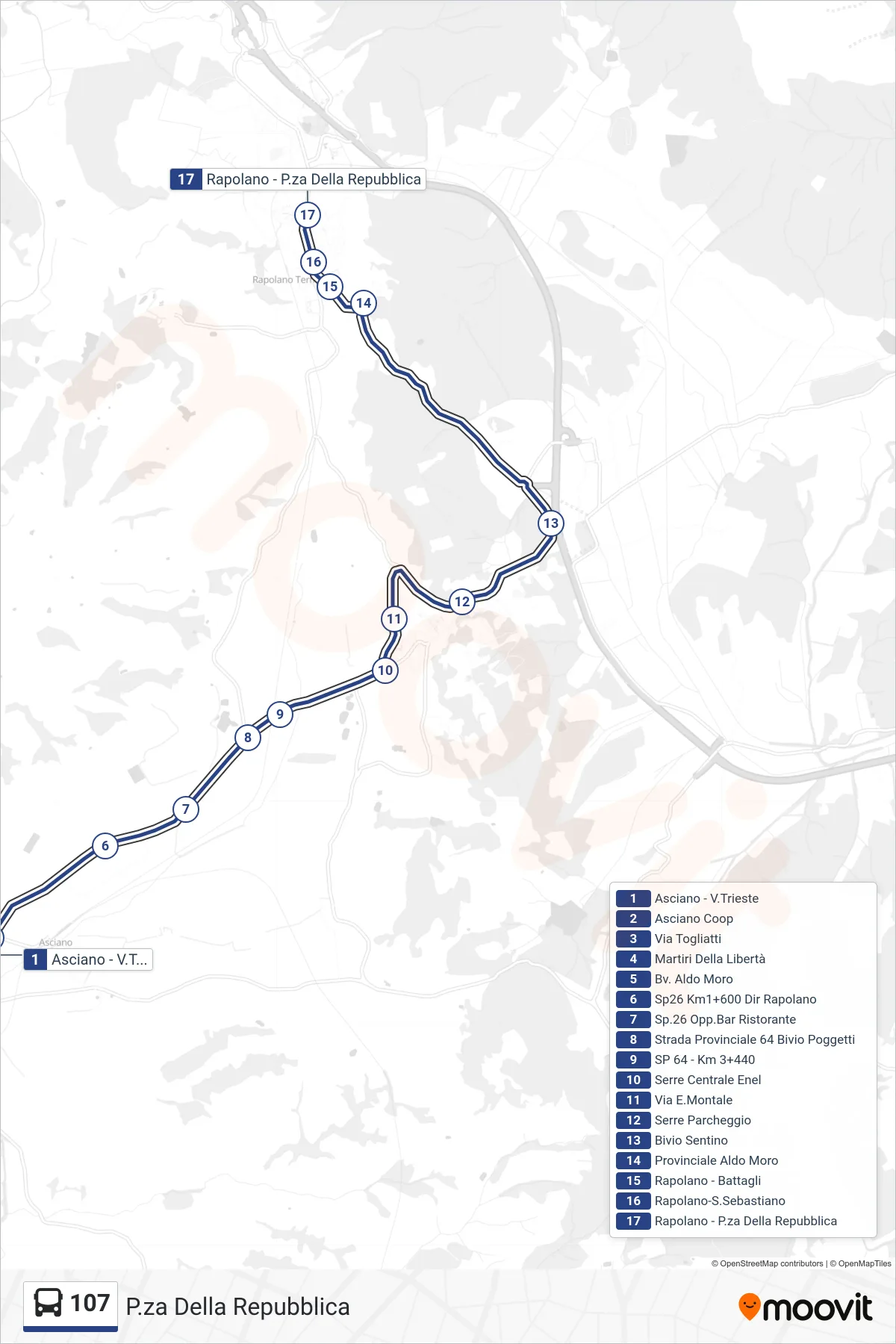 Linea 107 bus (P.za Della Repubblica) - Percorsi e fermate sulla mappa