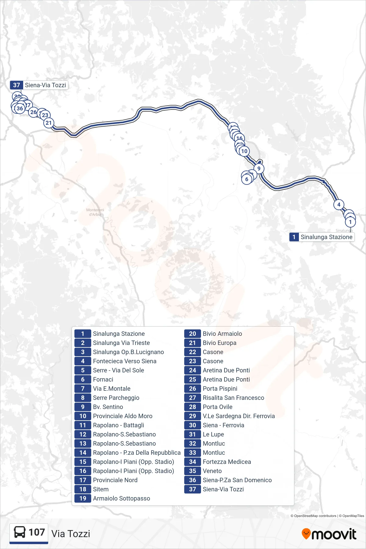 Linea 107 bus (Via Tozzi) - Percorsi e fermate sulla mappa