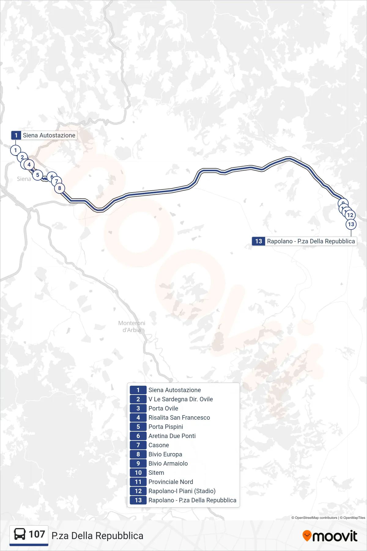 Linea 107 bus (P.za Della Repubblica) - Percorsi e fermate sulla mappa