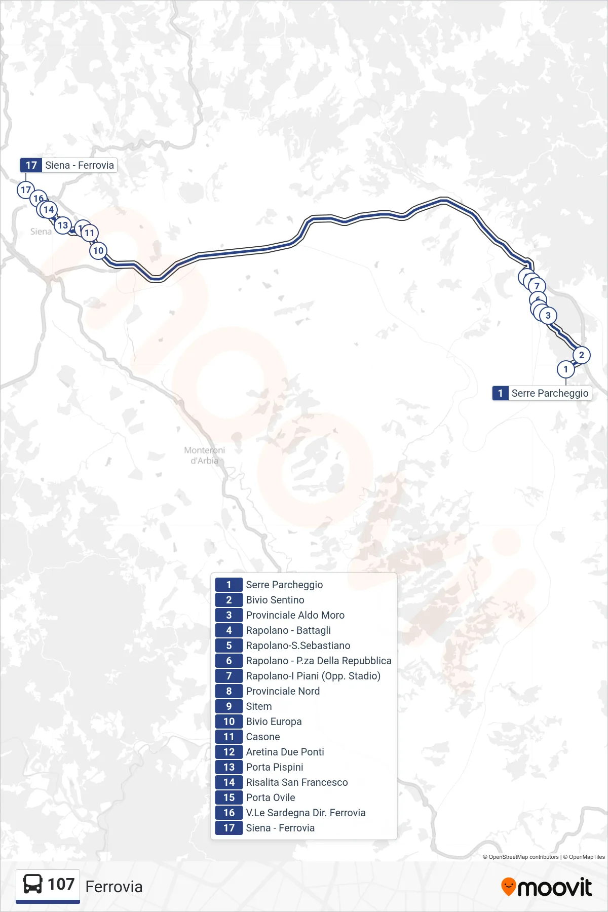 Linea 107 bus (Ferrovia) - Percorsi e fermate sulla mappa