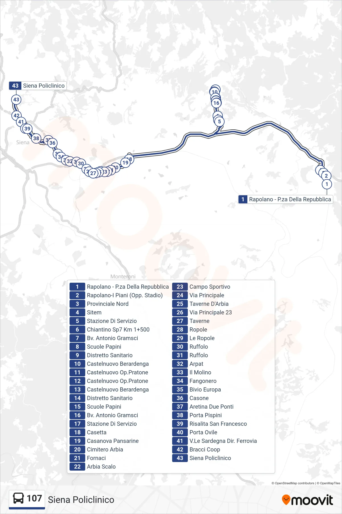 Linea 107 bus (Siena Policlinico) - Percorsi e fermate sulla mappa