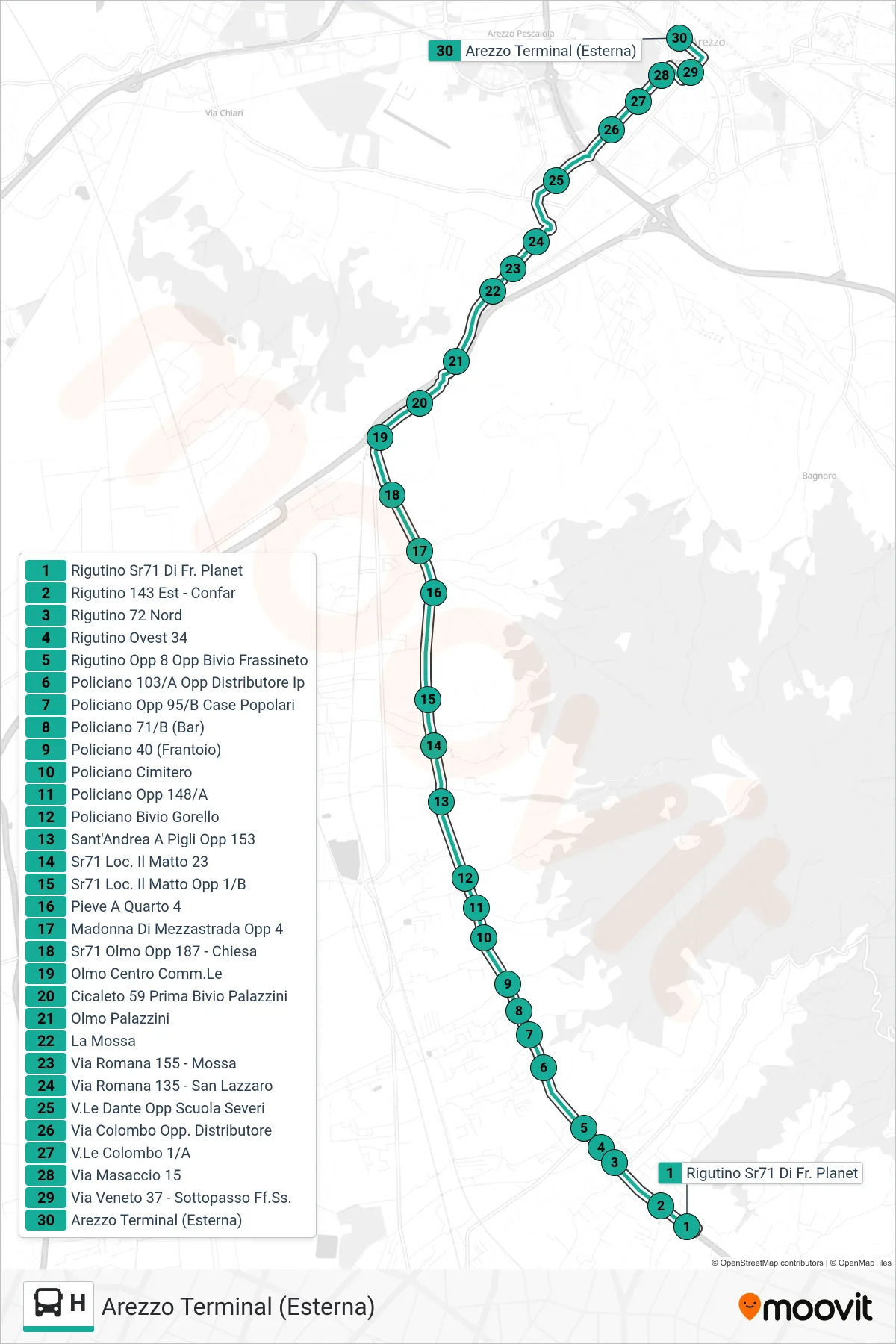 Linea H  tram (Arezzo Terminal (Esterna)) - Percorsi e fermate sulla mappa