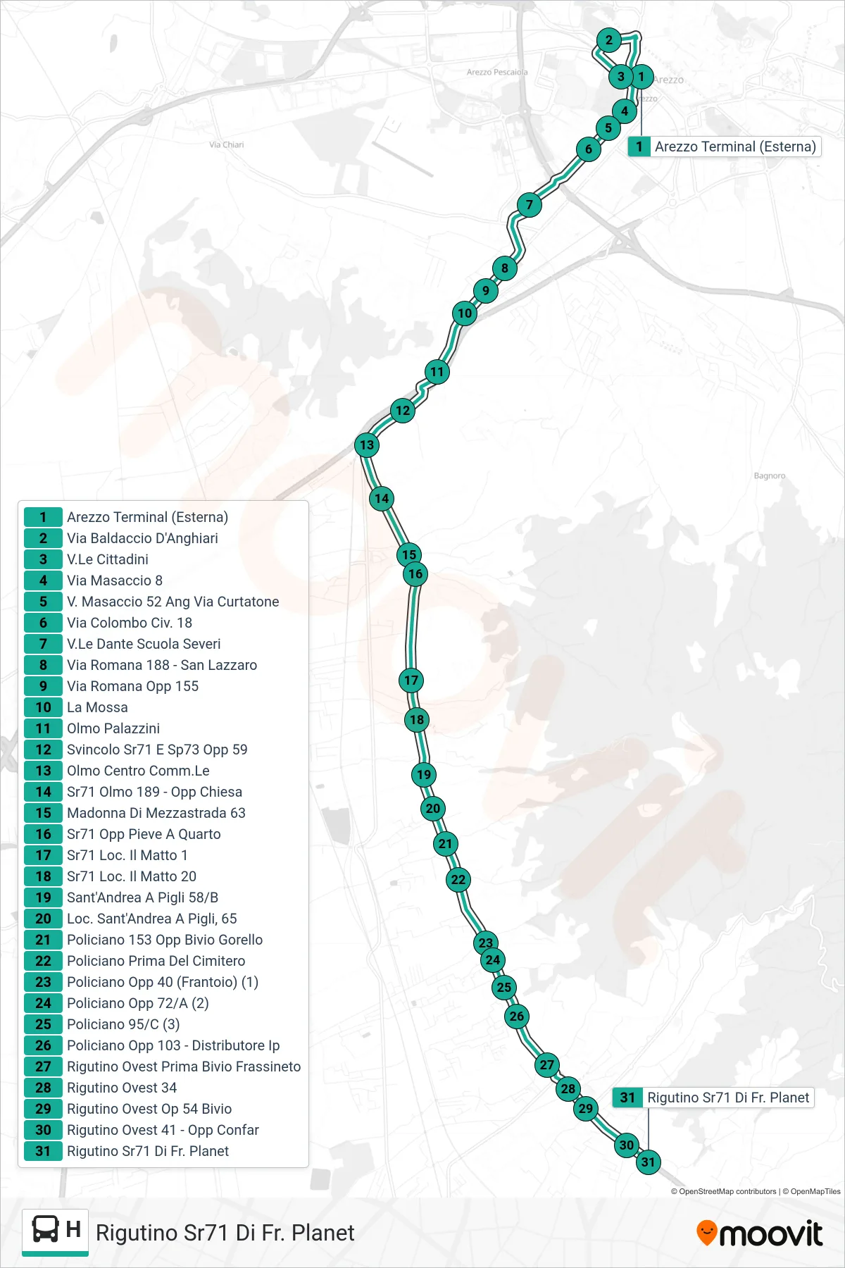 Linea H tram (Rigutino Sr71 Di Fr. Planet) - Percorsi e fermate sulla mappa