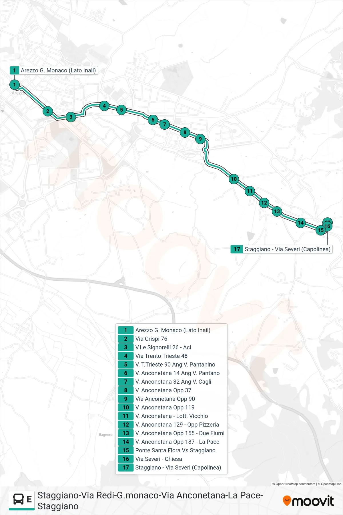 Linea E tram (Via Severi (Capolinea)) - Percorsi e fermate sulla mappa