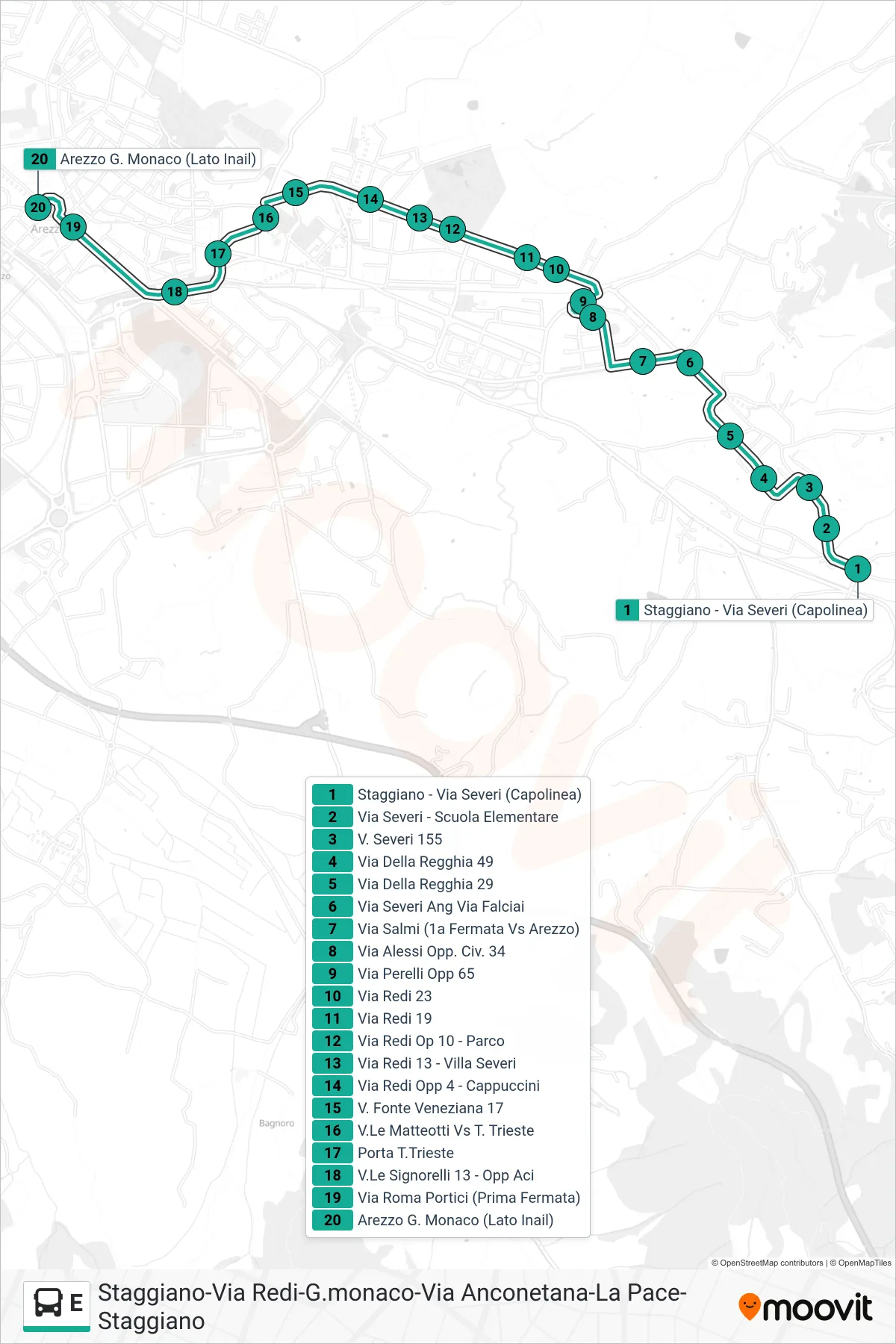 Linea E tram (Arezzo G.Monaco (Lato Inail)) - Percorsi e fermate sulla mappa