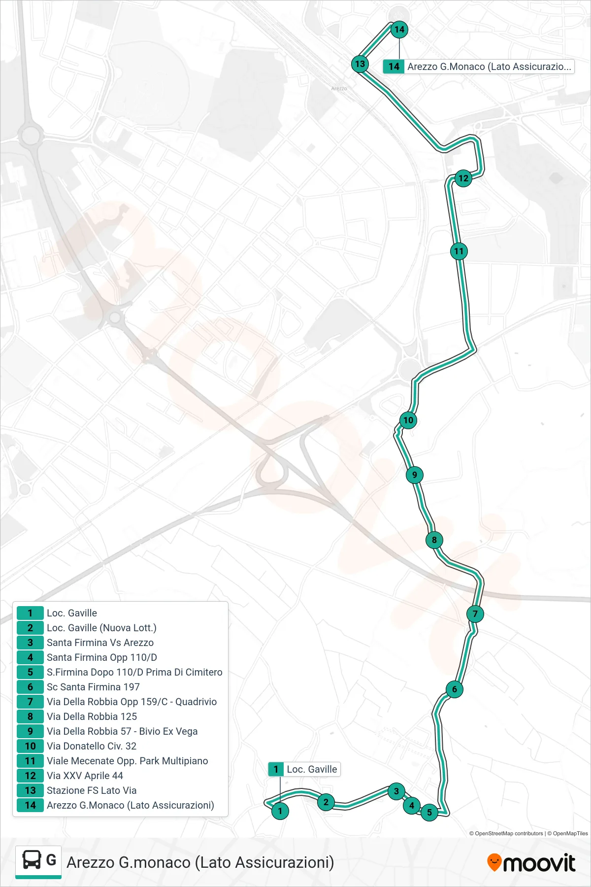 Linea G  tram (Arezzo G.monaco (Lato Assicurazioni)) - Percorsi e fermate sulla mappa