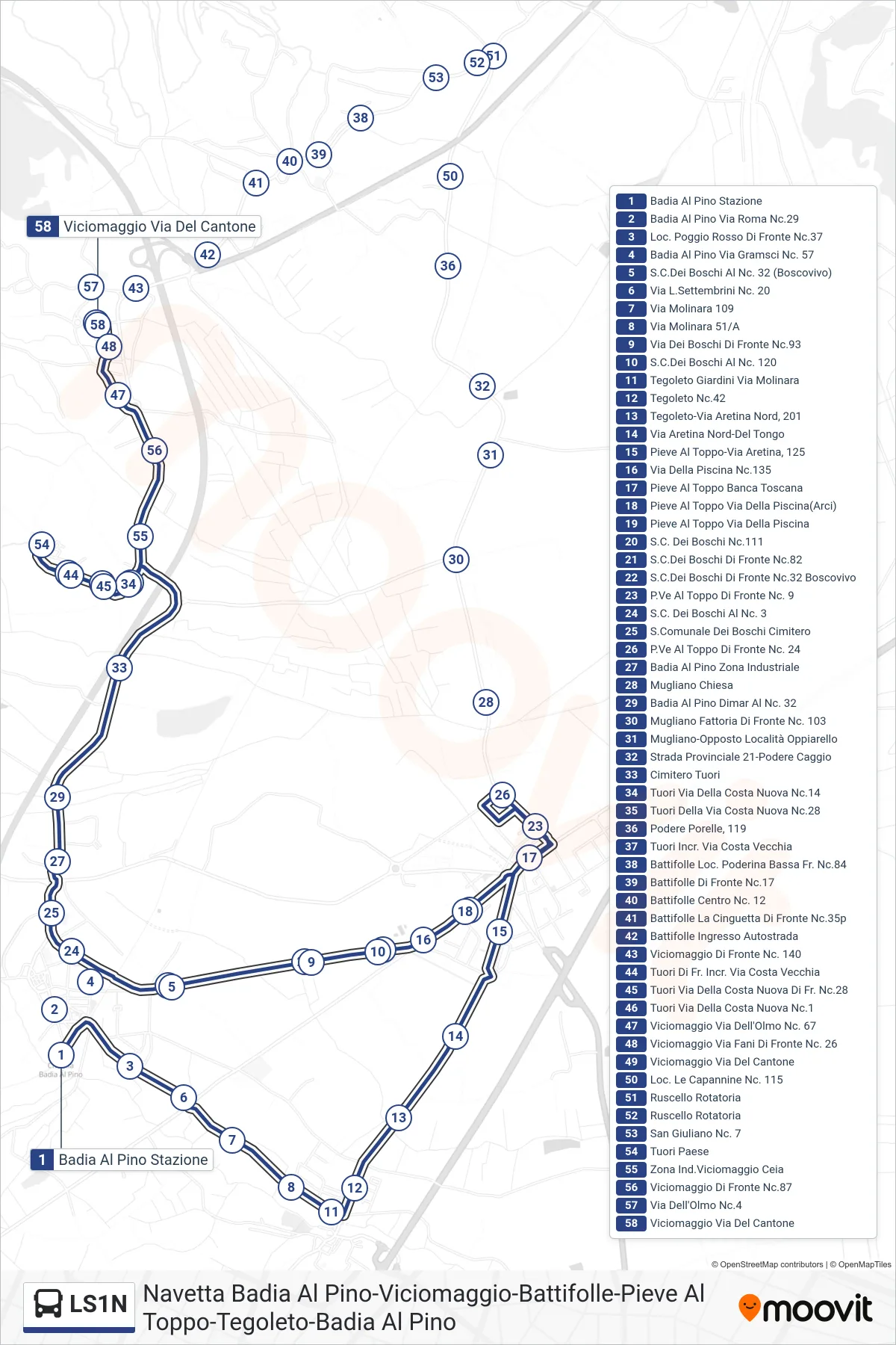 Linea LS1N tram (Viciomaggio Via Del Cantone) - Percorsi e fermate sulla mappa