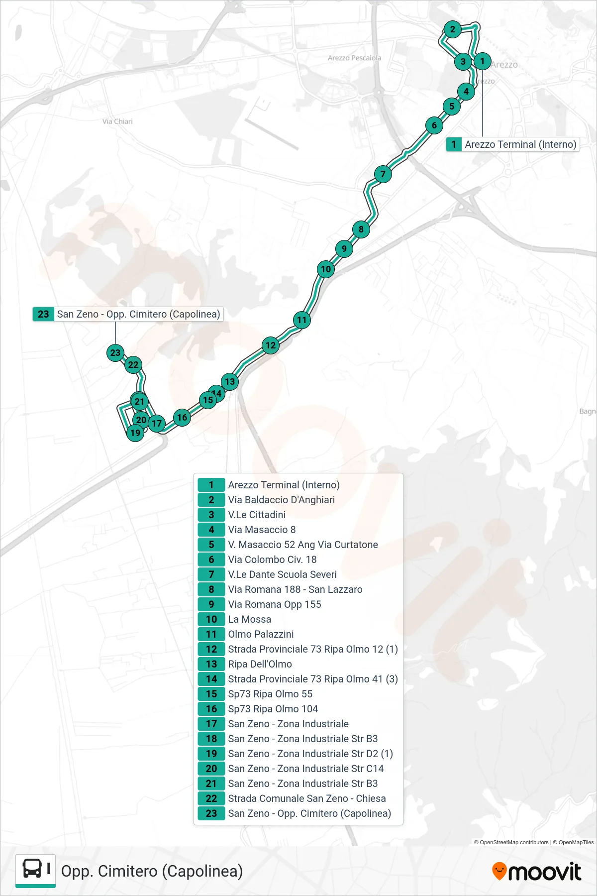 Linea I tram (Opp. Cimitero (Capolinea)) - Percorsi e fermate sulla mappa
