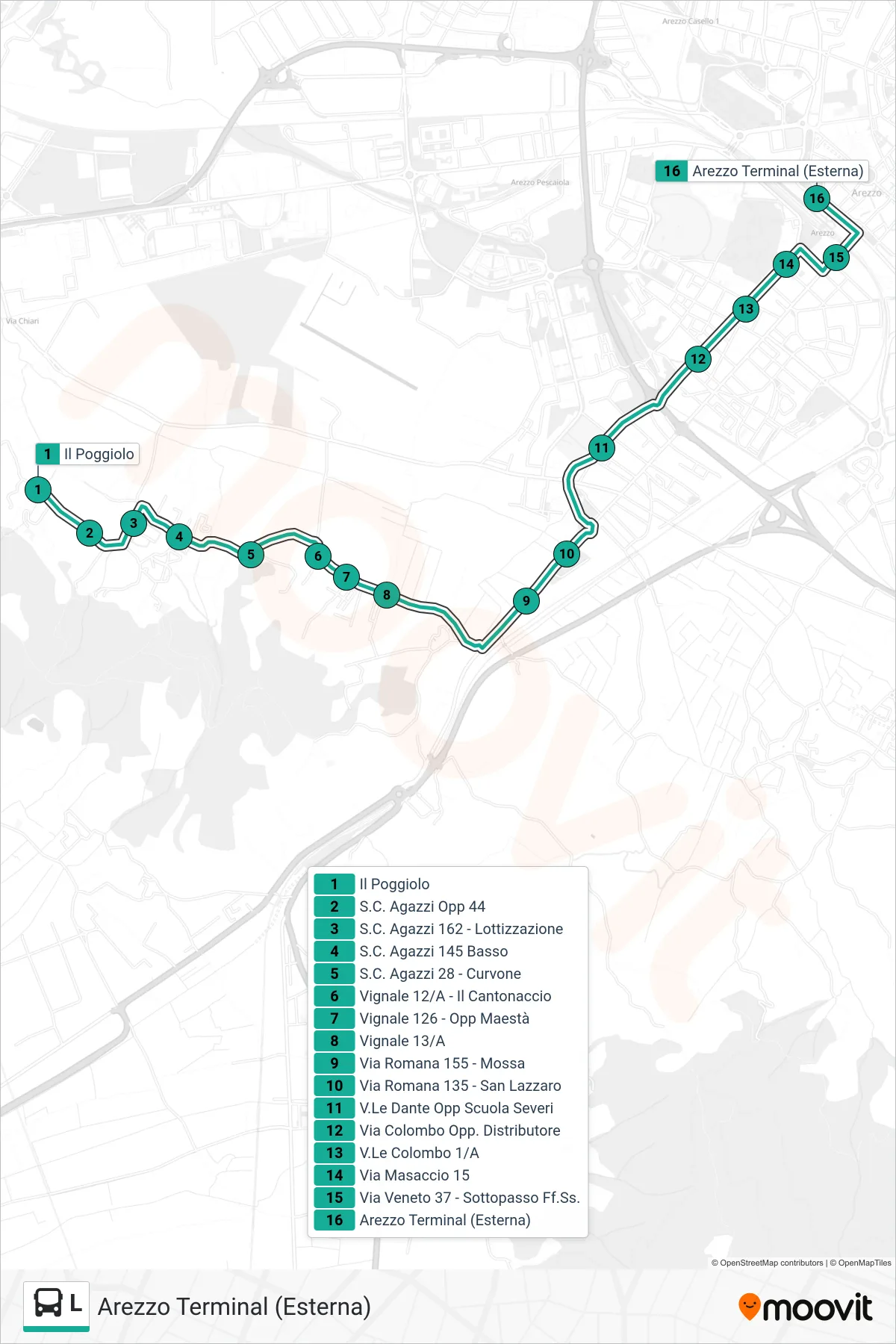 Linea L tram (Arezzo Terminal (Esterna)) - Percorsi e fermate sulla mappa
