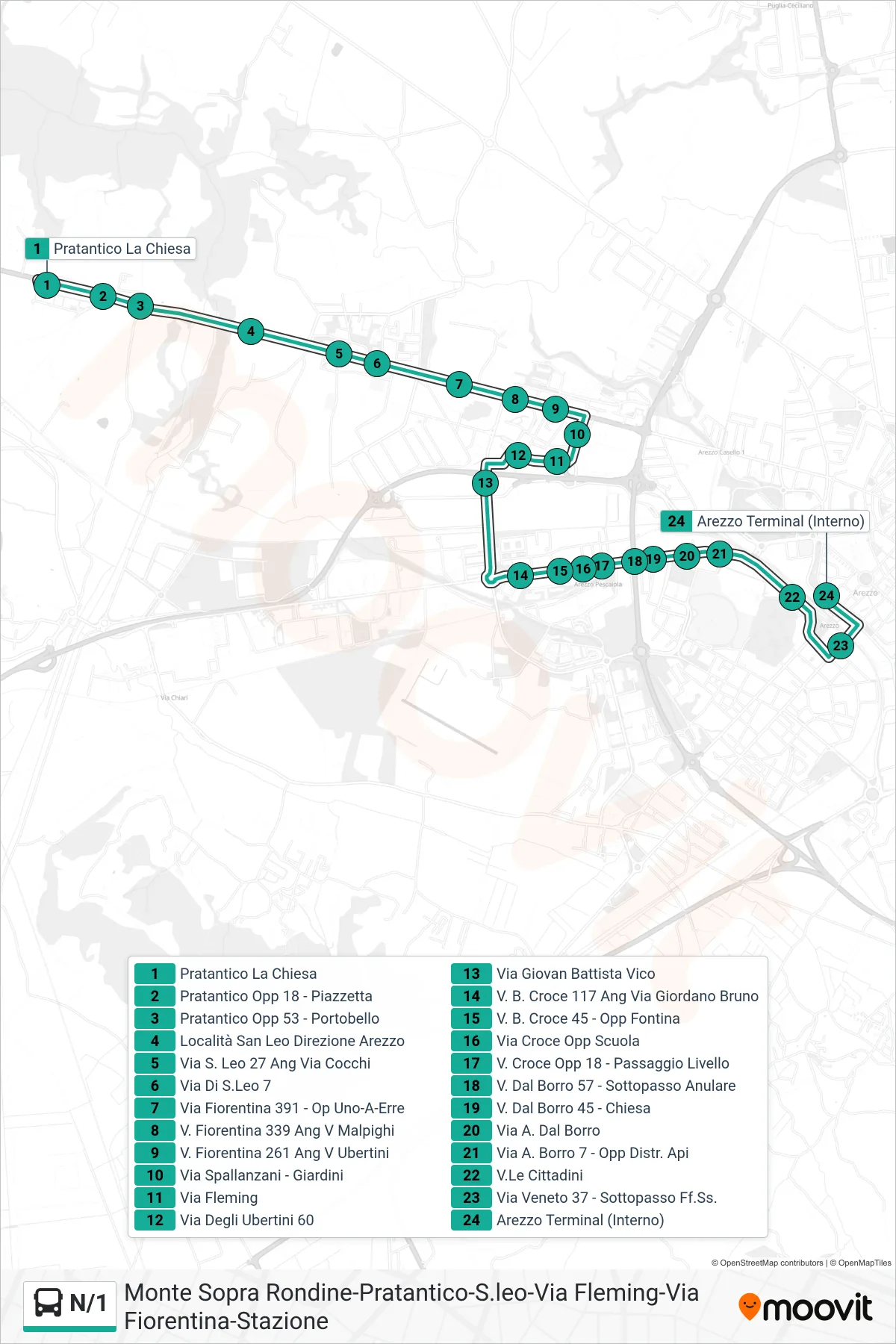 Linea N/1 tram (Arezzo Terminal (Interna)) - Percorsi e fermate sulla mappa