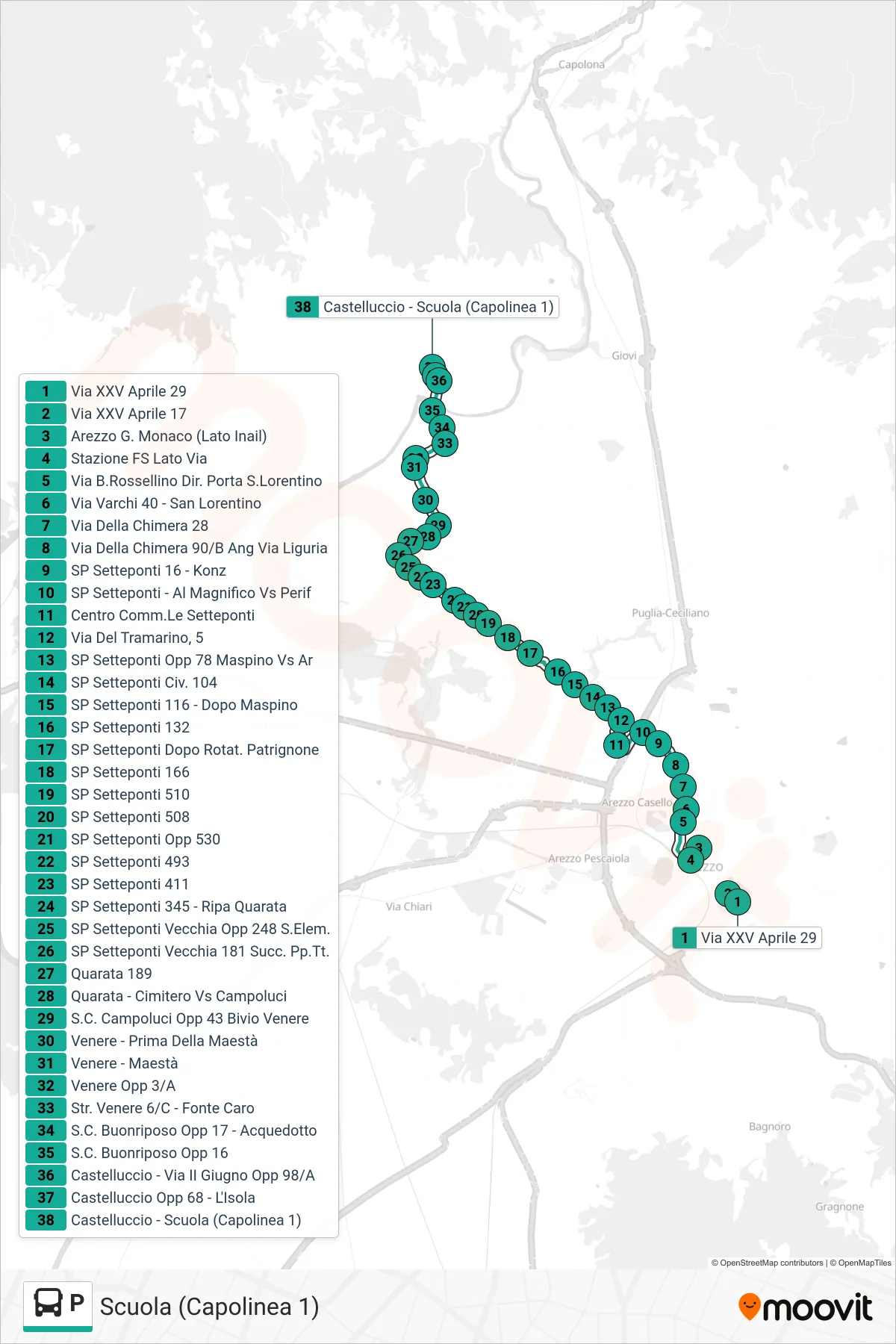 Linea P  tram (Scuola (Capolinea 1)) - Percorsi e fermate sulla mappa