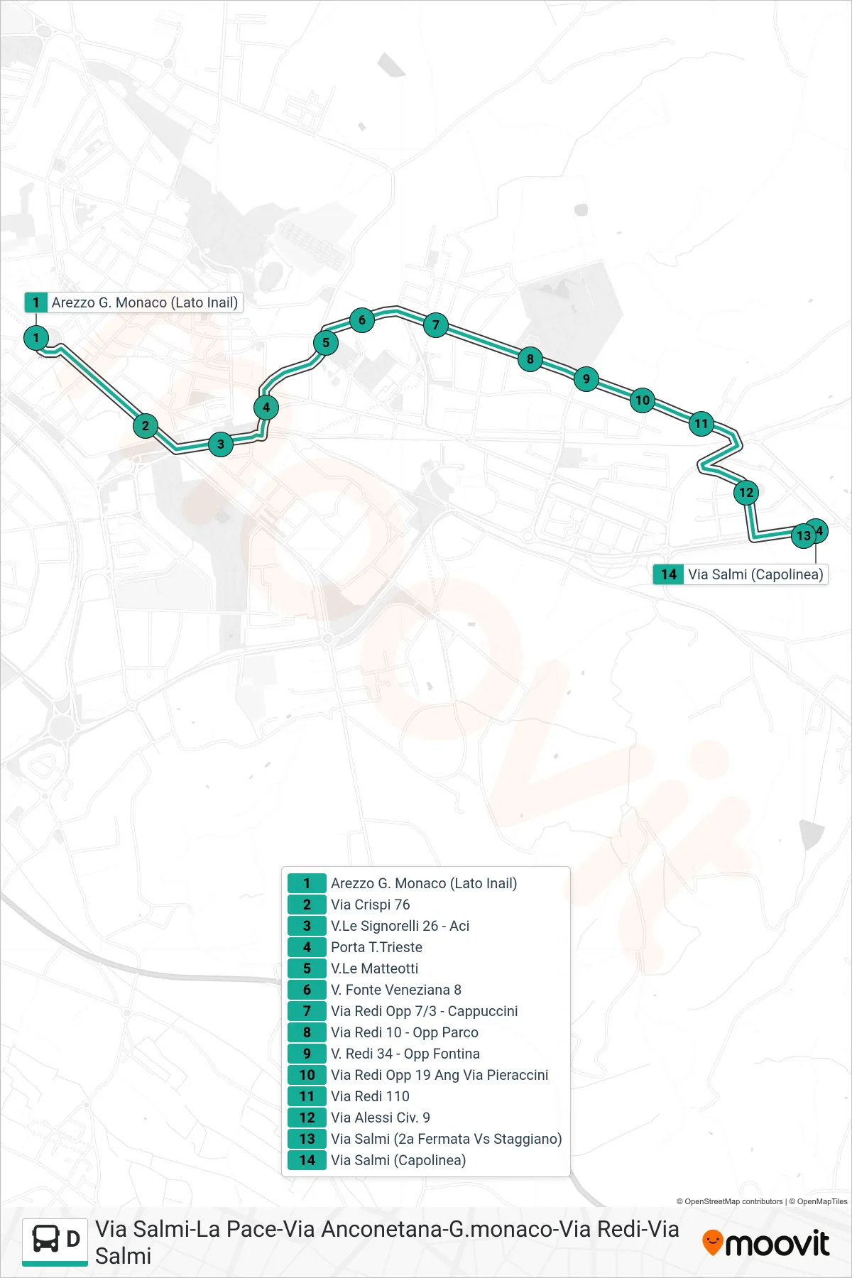 Linea D tram (Via Salmi (Capolinea)) - Percorsi e fermate sulla mappa
