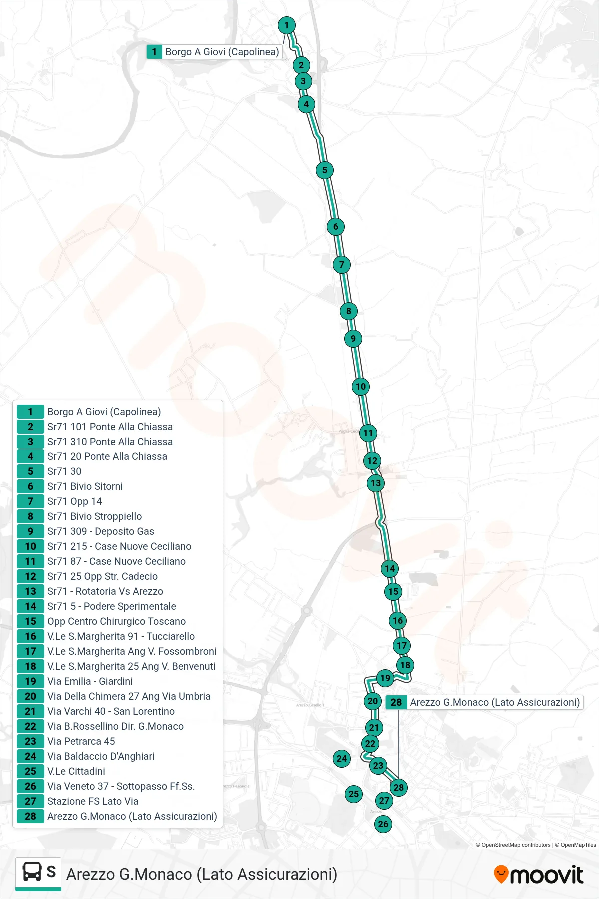 Linea S tram (Arezzo G.Monaco (Lato Assicurazioni)) - Percorsi e fermate sulla mappa