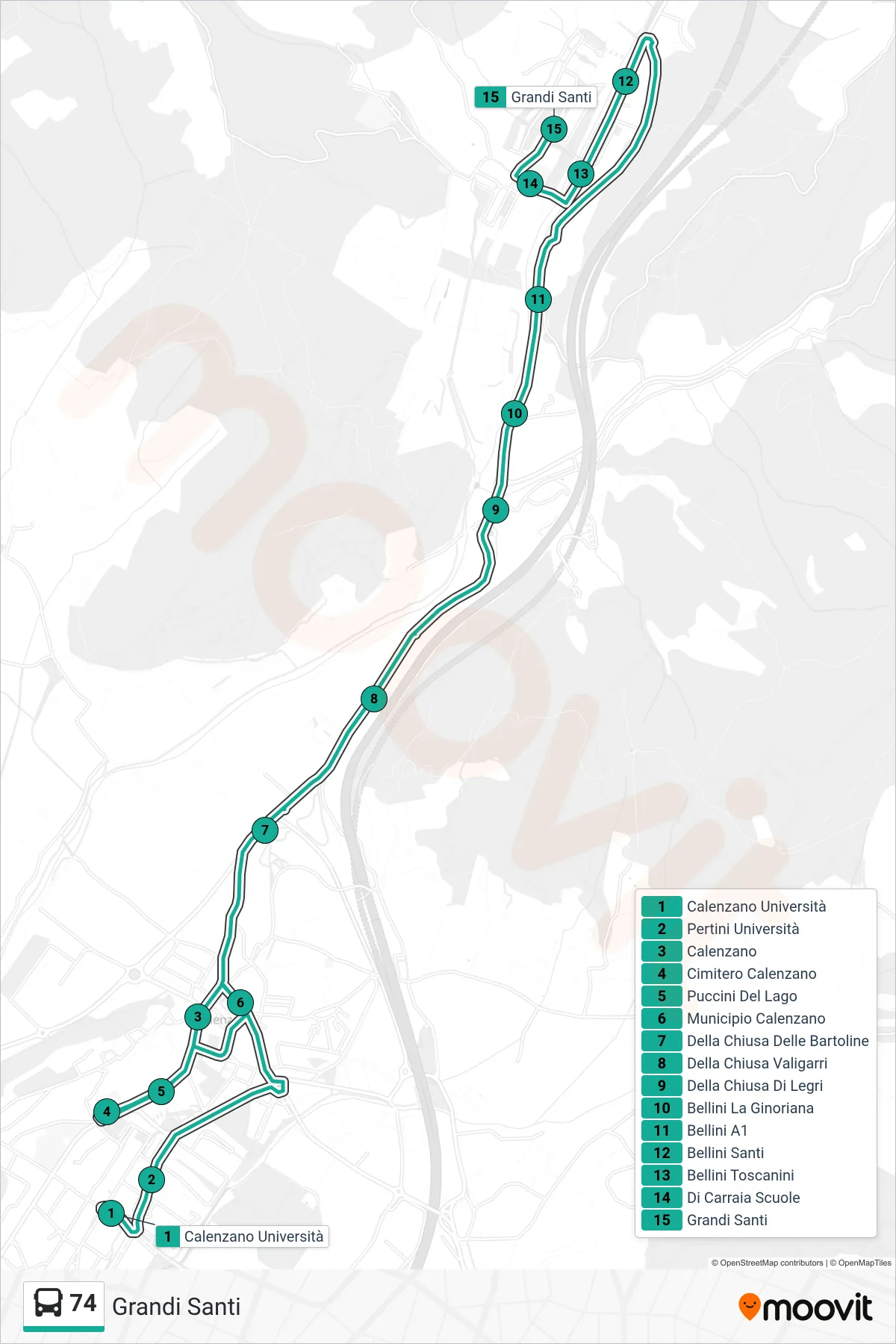 Linea 74 tram (Grandi Santi) - Percorsi e fermate sulla mappa