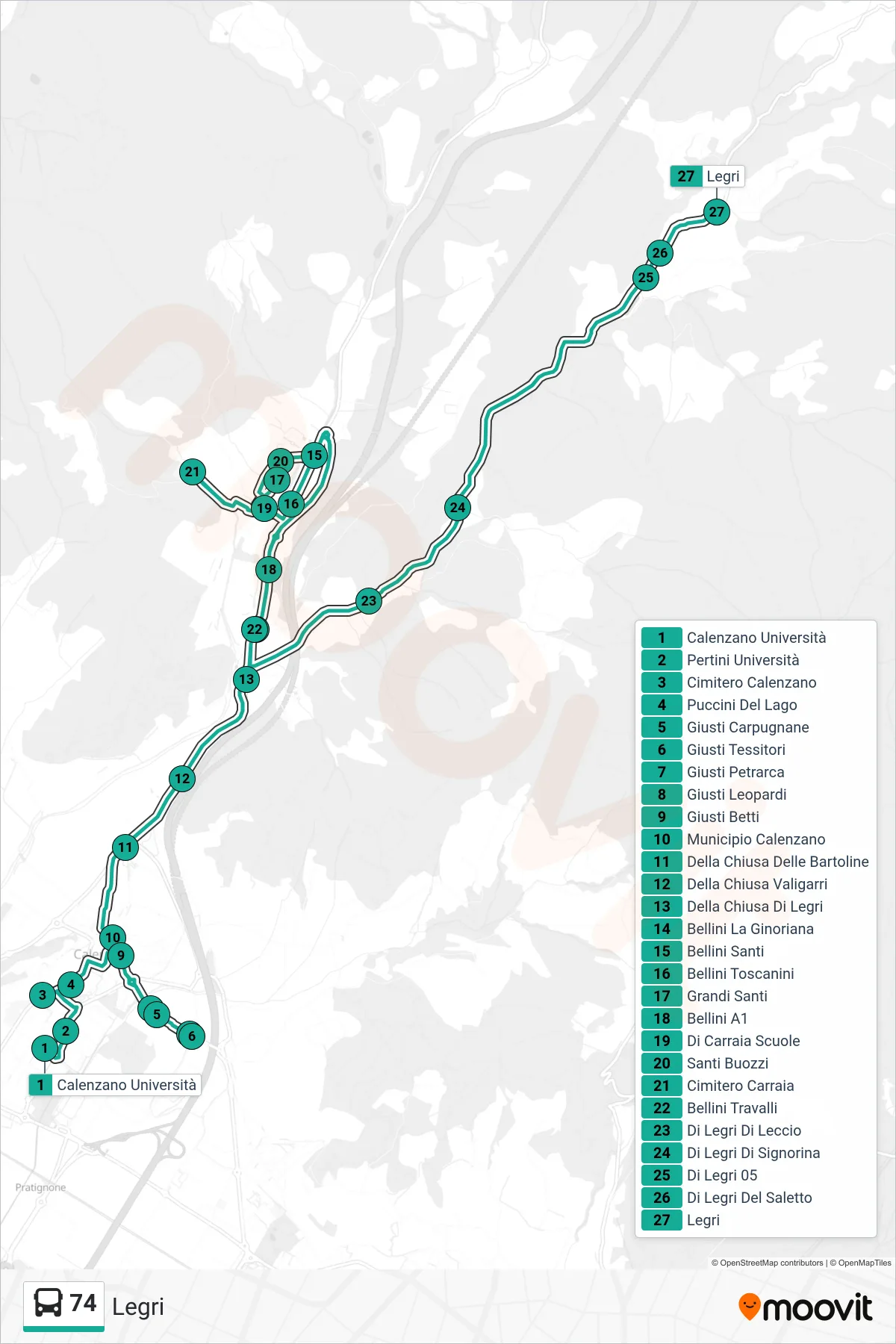 Linea 74 tram (Legri) - Percorsi e fermate sulla mappa