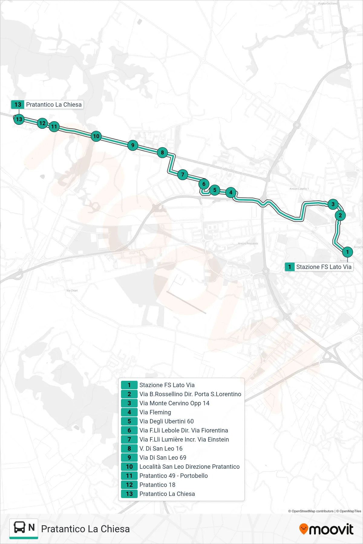 Linea N tram (Pratantico La Chiesa) - Percorsi e fermate sulla mappa