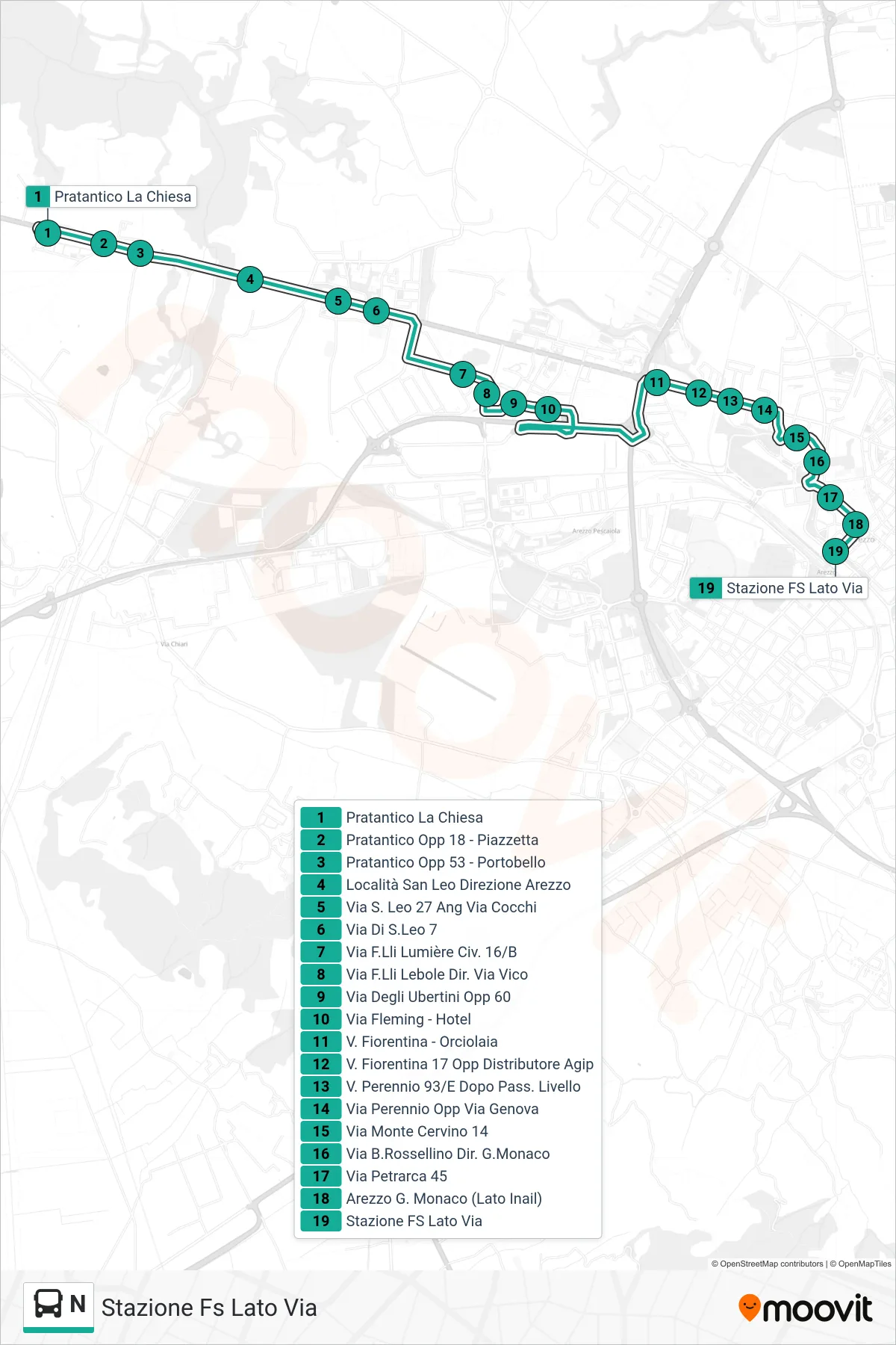 Linea N tram (Stazione Fs Lato Via) - Percorsi e fermate sulla mappa