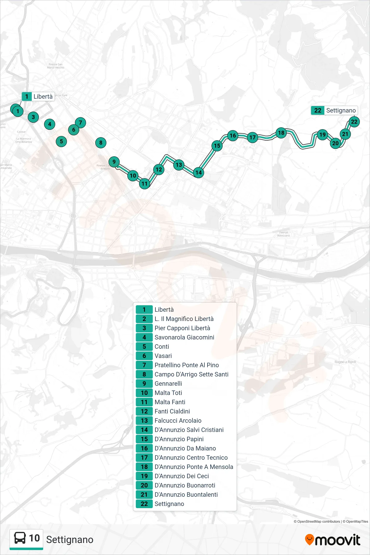 Linea 10  bus (Settignano) - Percorsi e fermate sulla mappa