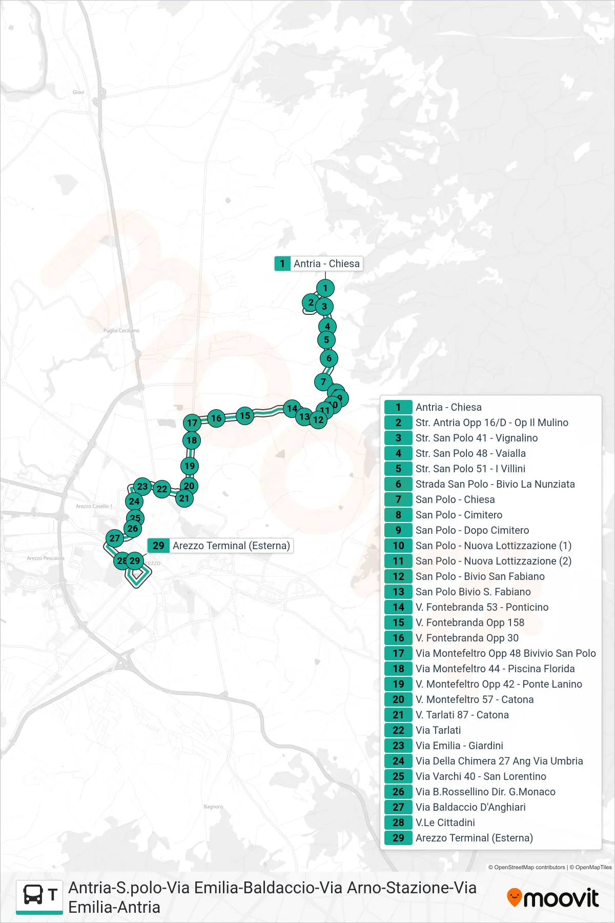 Linea T tram (Arezzo Terminal (Esterna)) - Percorsi e fermate sulla mappa