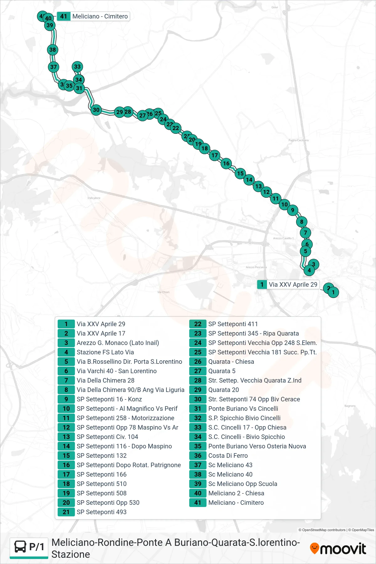 Linea P/1  tram (Cimitero) - Percorsi e fermate sulla mappa