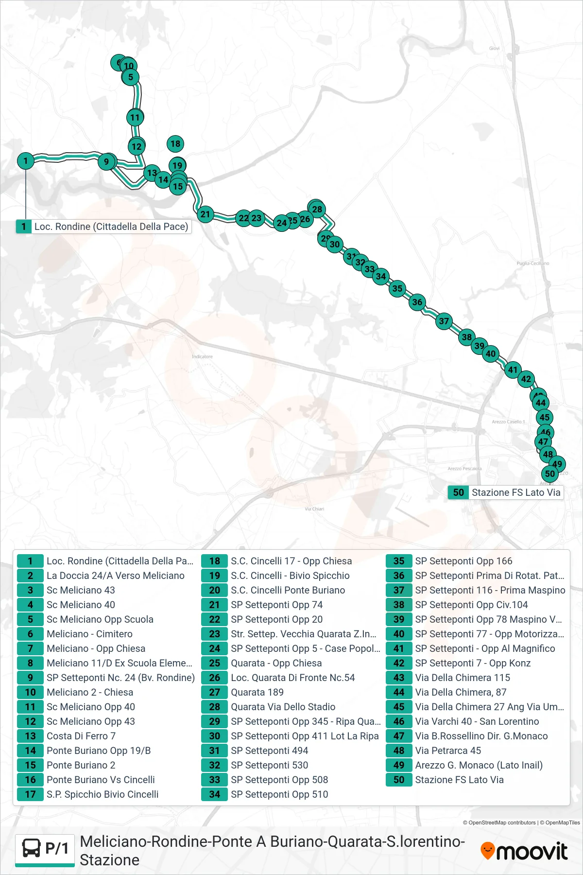 Linea P/1 tram (Stazione FS Lato Via) - Percorsi e fermate sulla mappa