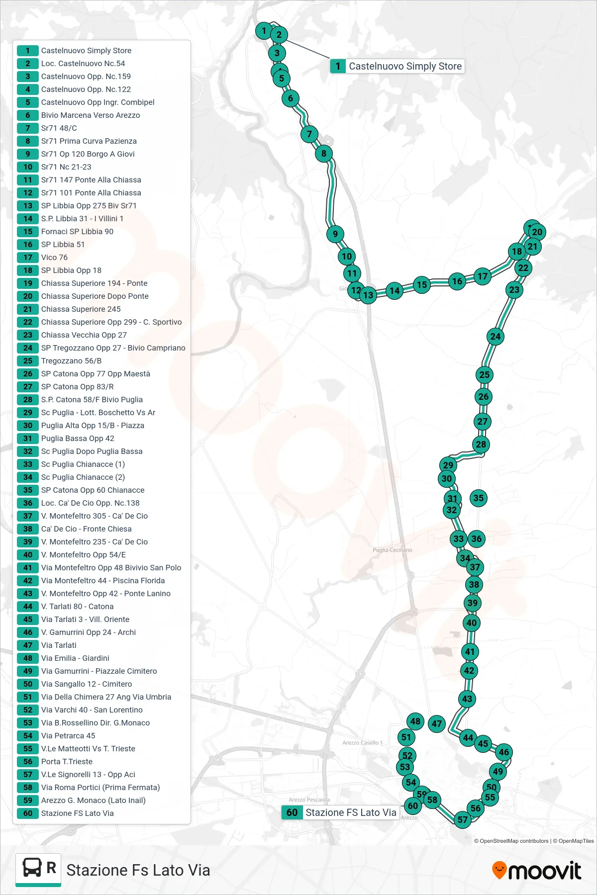 Linea R tram (Stazione Fs Lato Via) - Percorsi e fermate sulla mappa