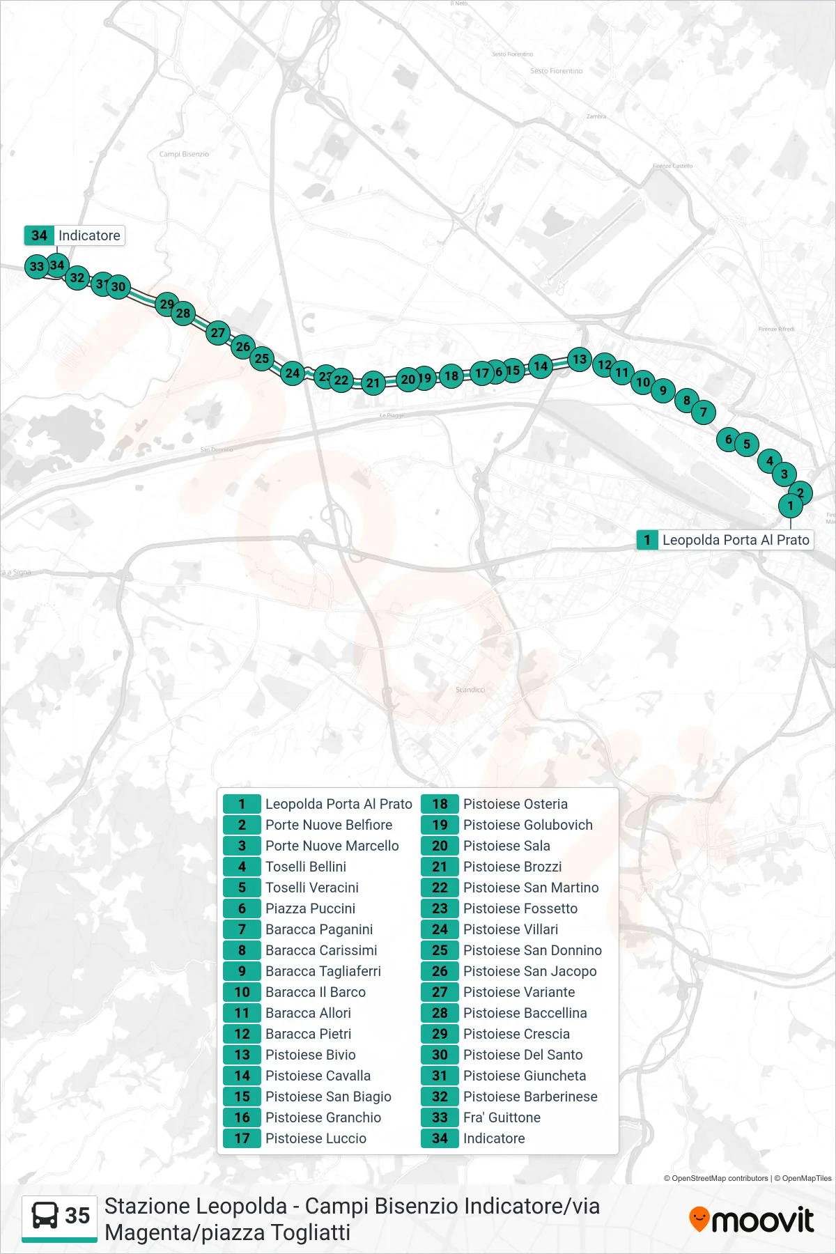 Linea 35 bus (Indicatore) - Percorsi e fermate sulla mappa