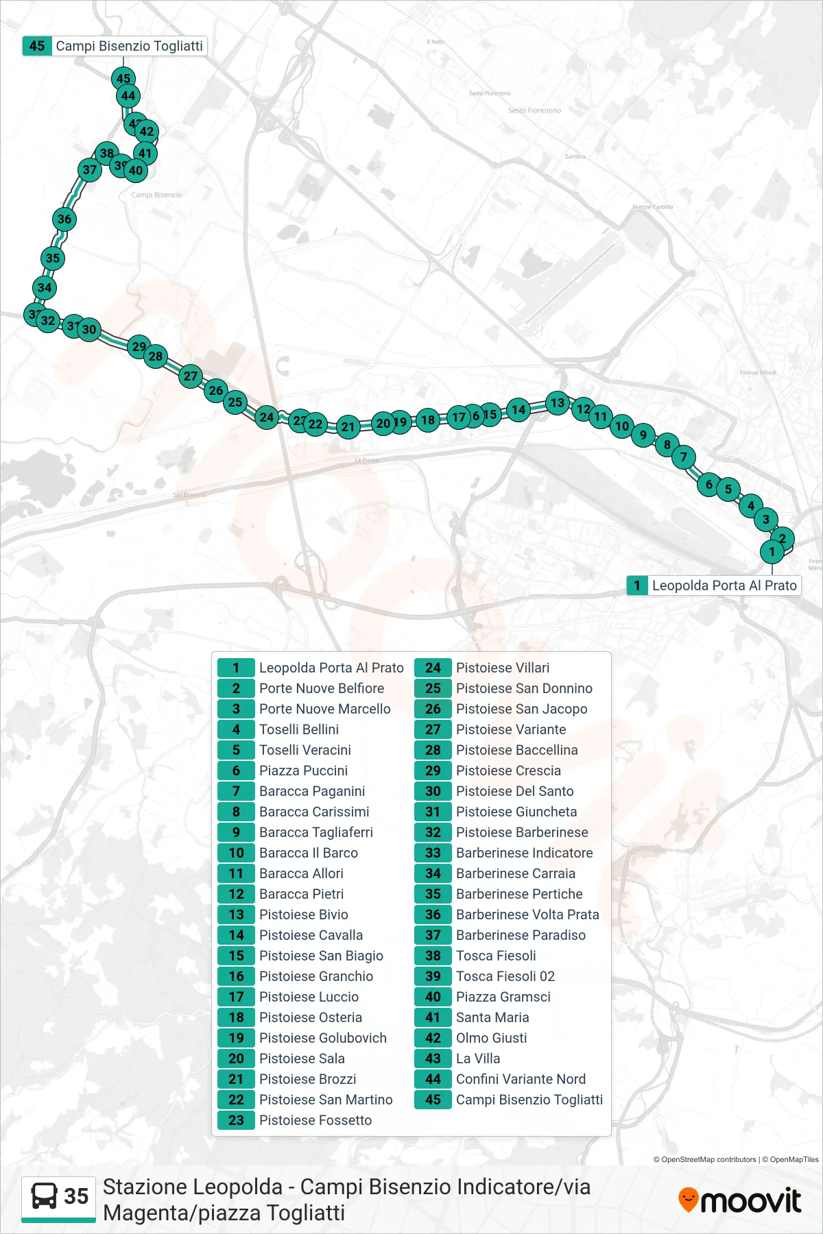 Linea 35  bus (Campi Bisenzio Togliatti) - Percorsi e fermate sulla mappa