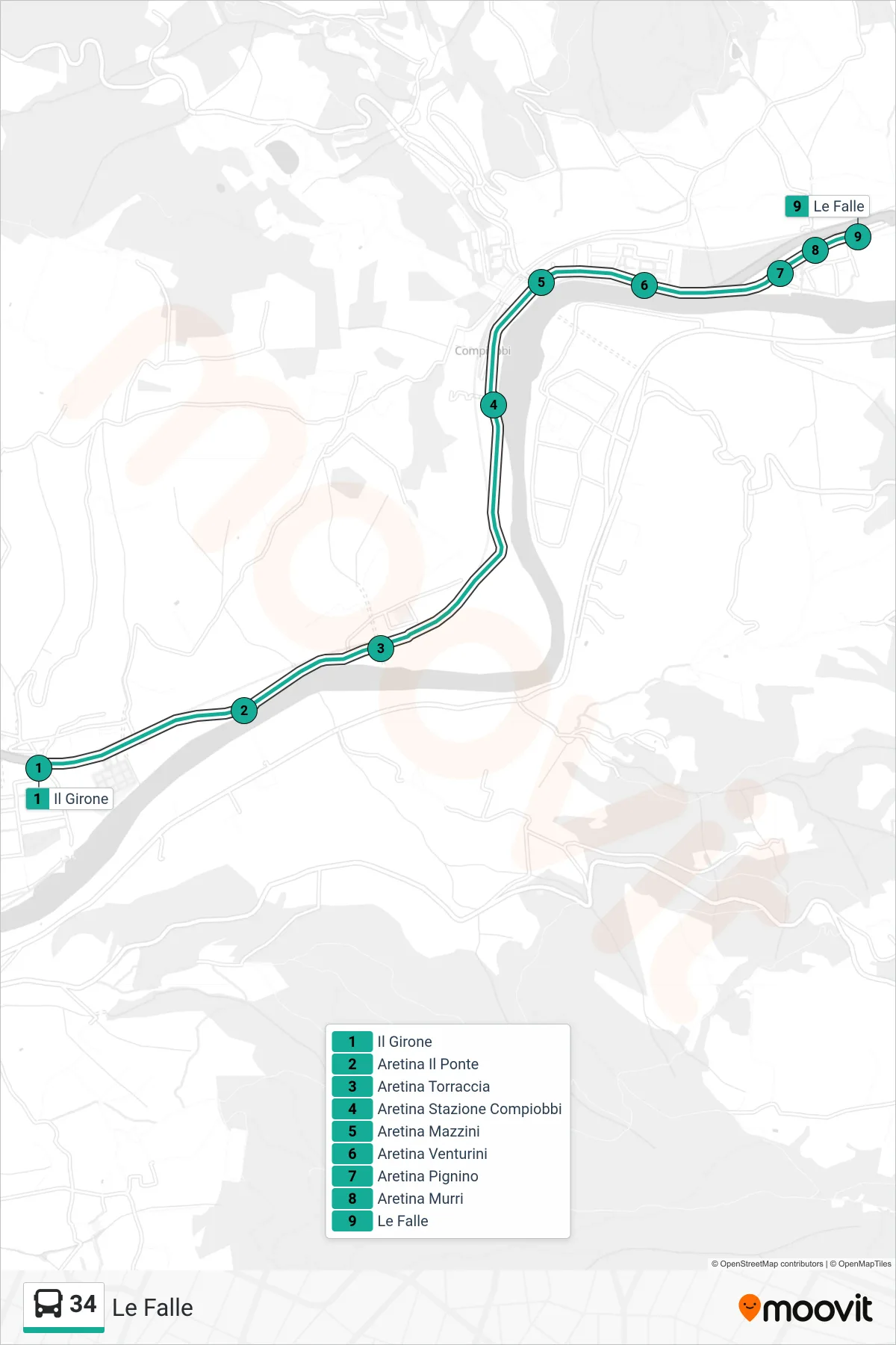 Linea 34 tram (Le Falle) - Percorsi e fermate sulla mappa