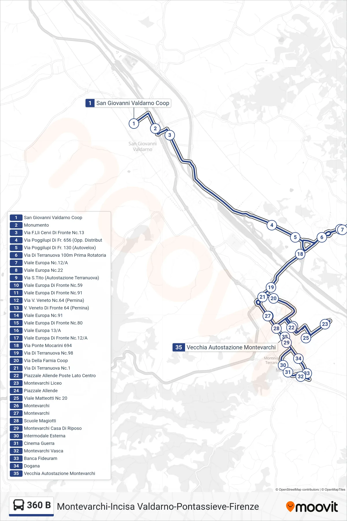 Linea 360 B  bus (Vecchia Autostazione Montevarchi) - Percorsi e fermate sulla mappa