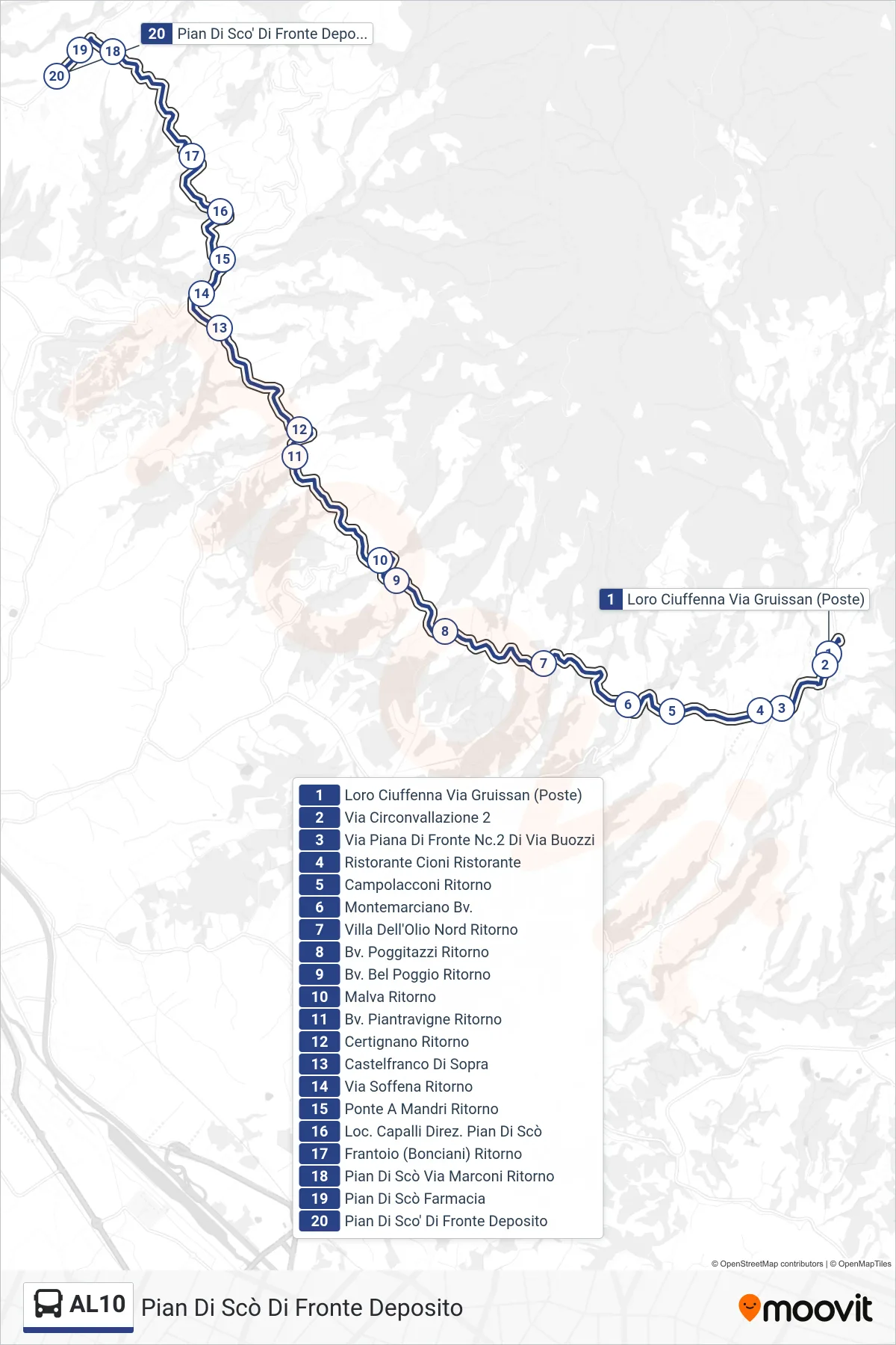 Linea AL10 tram (Pian Di Scò Di Fronte Deposito) - Percorsi e fermate sulla mappa