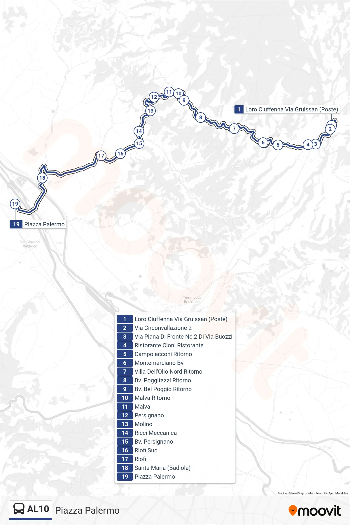 Linea AL10 tram (Piazza Palermo) - Percorsi e fermate sulla mappa