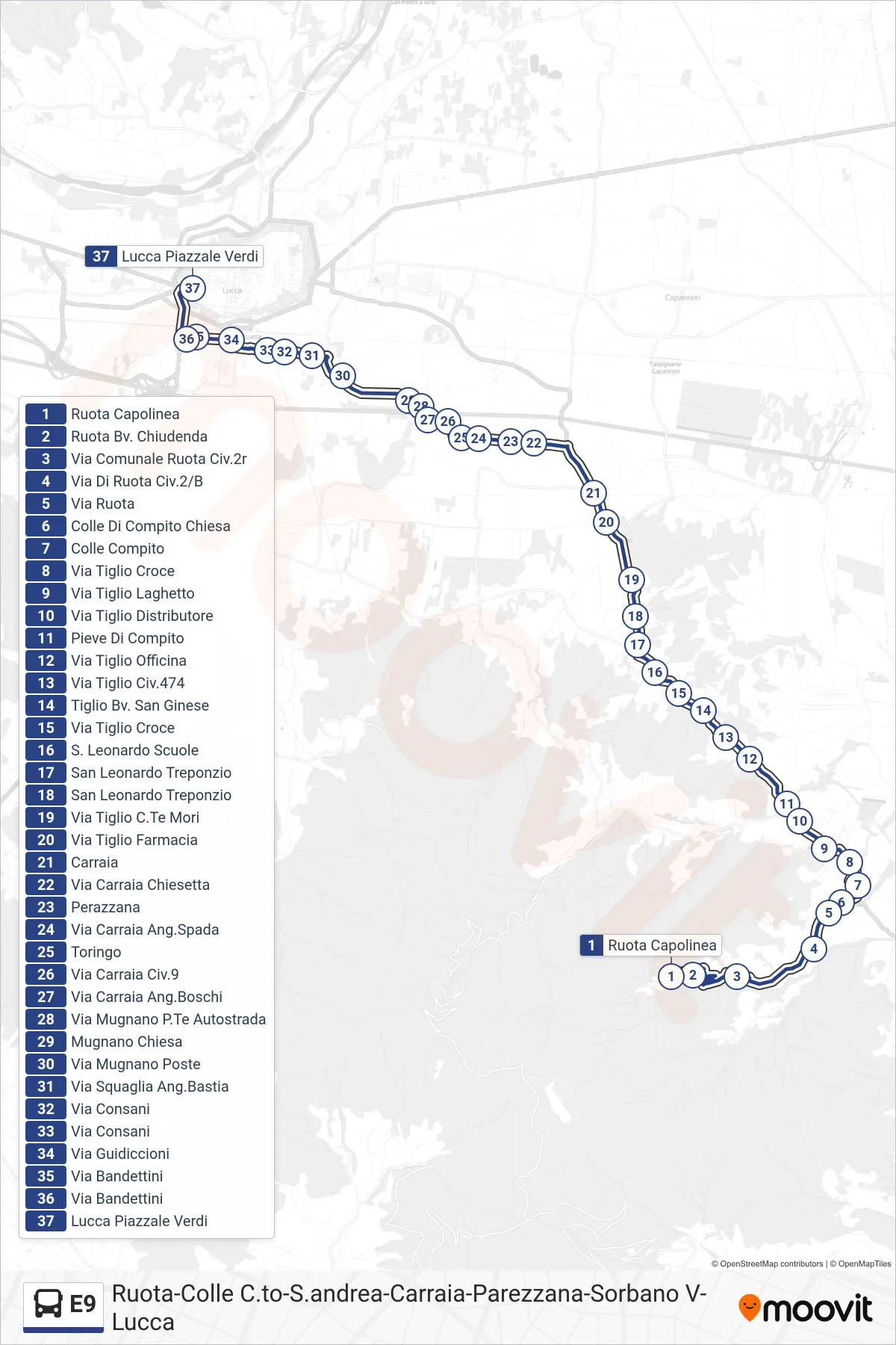Linea E9 bus (Lucca Piazzale Verdi) - Percorsi e fermate sulla mappa