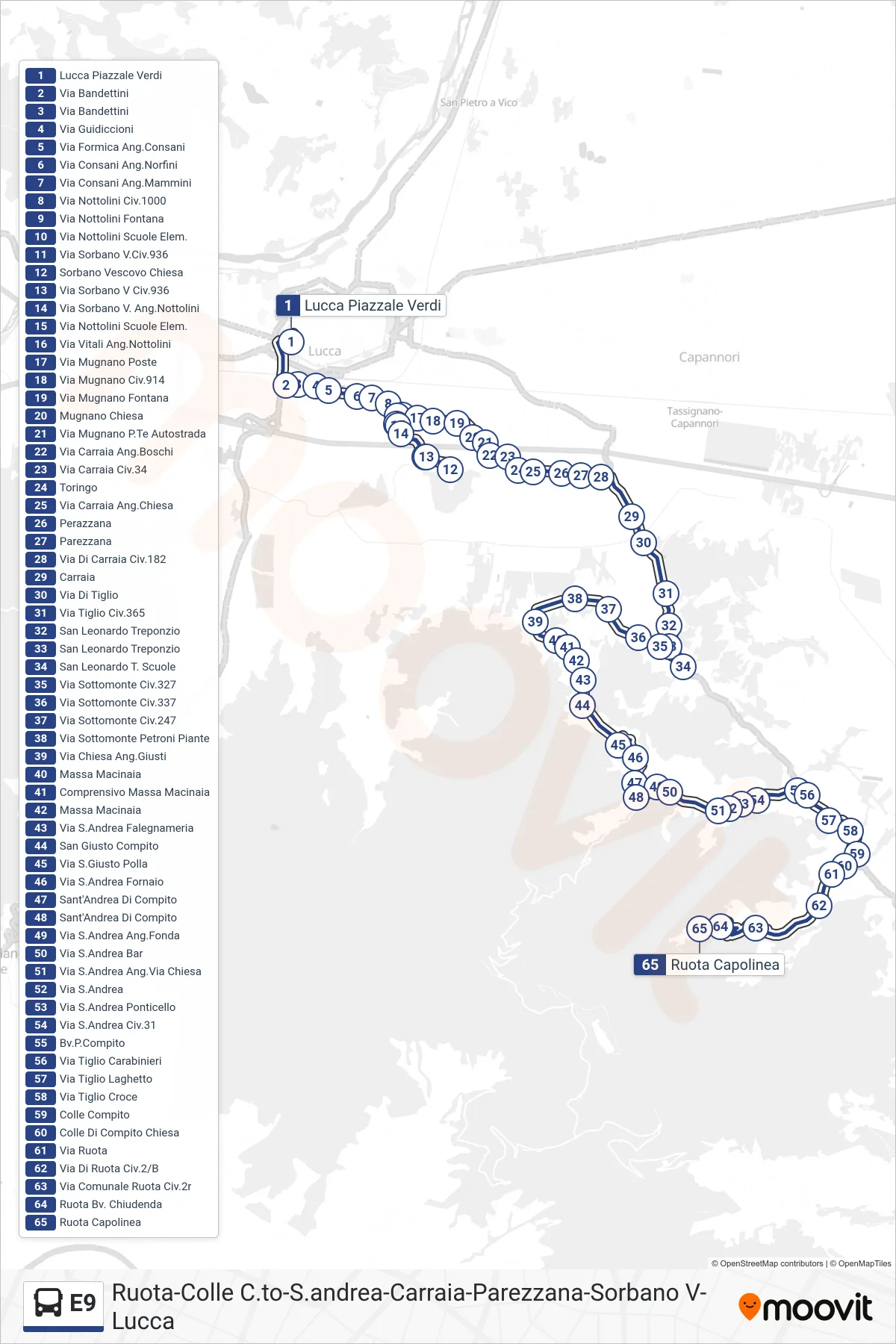 Linea E9 bus (Ruota Capolinea) - Percorsi e fermate sulla mappa