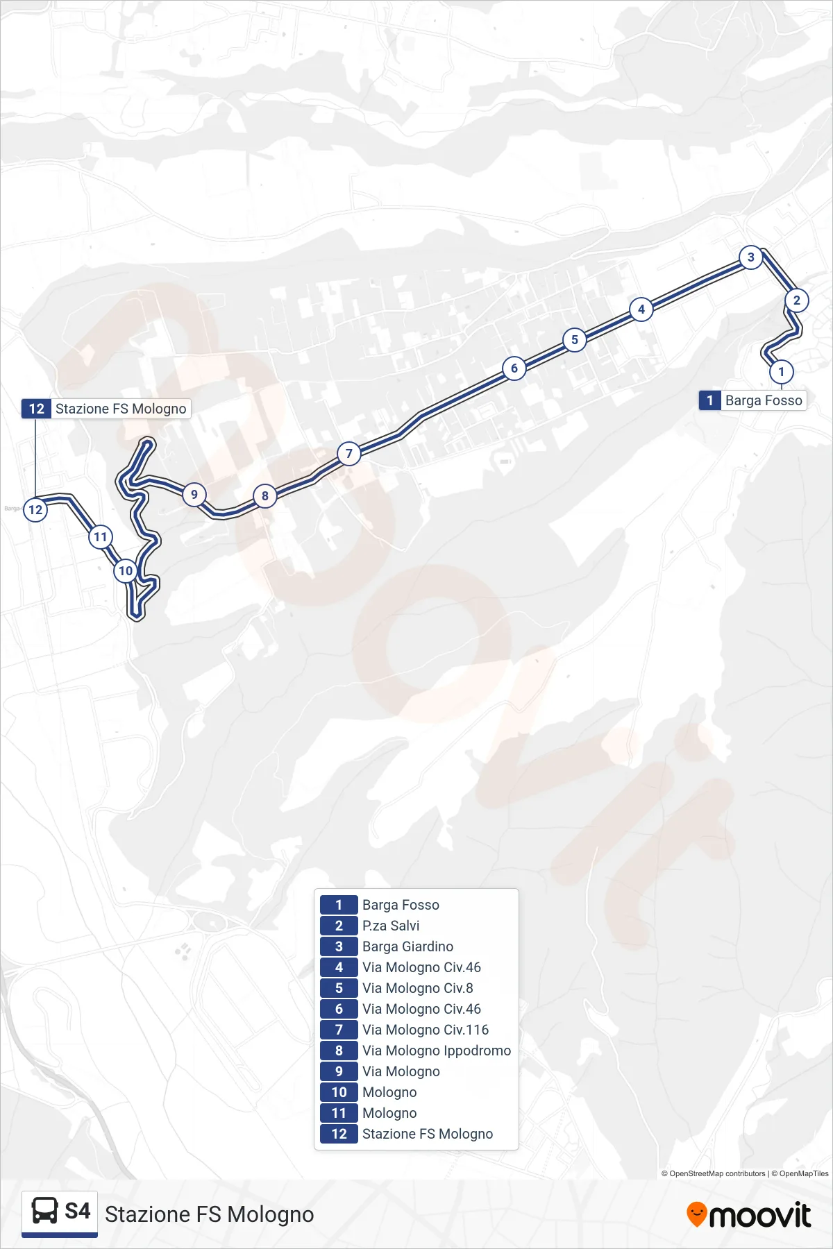 Linea S4 bus (Stazione FS Mologno) - Percorsi e fermate sulla mappa