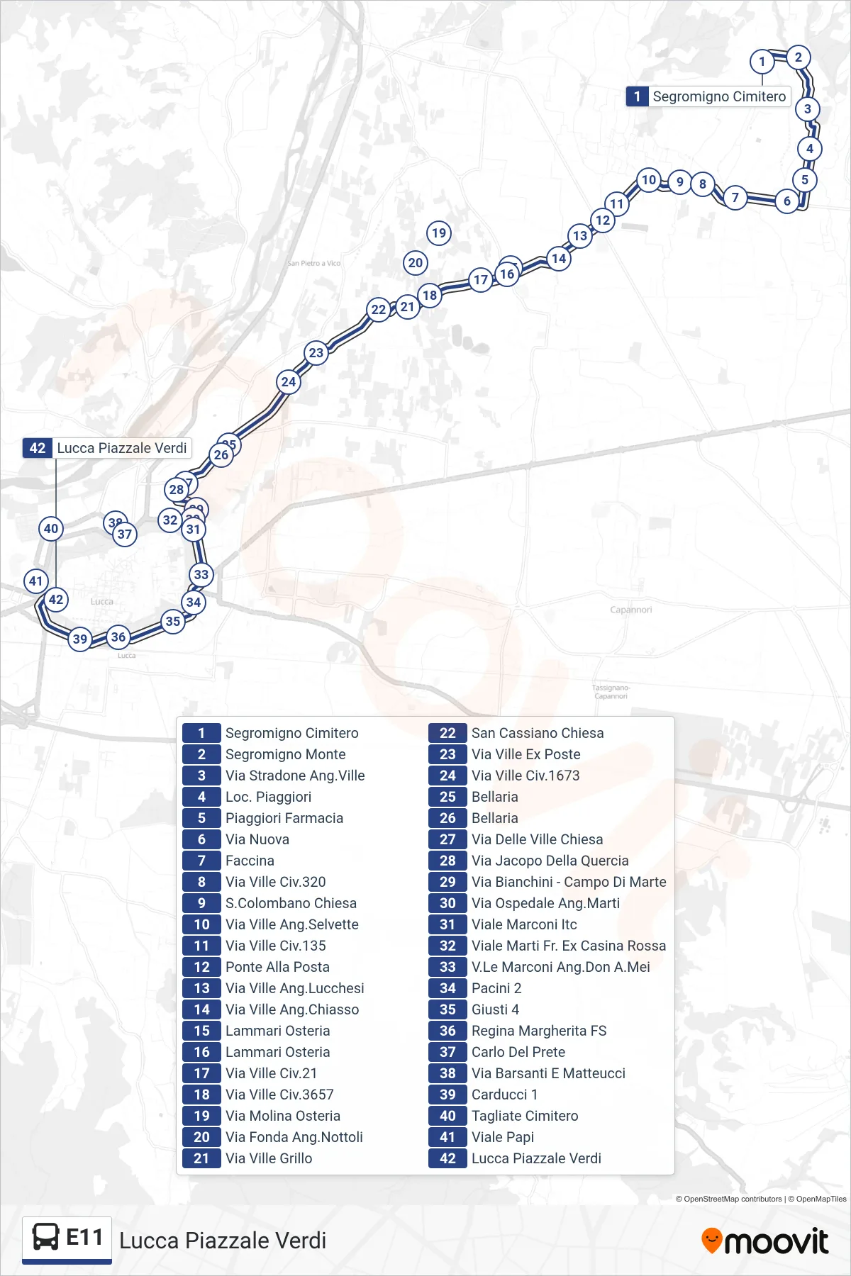 Linea E11  bus (Lucca Piazzale Verdi) - Percorsi e fermate sulla mappa