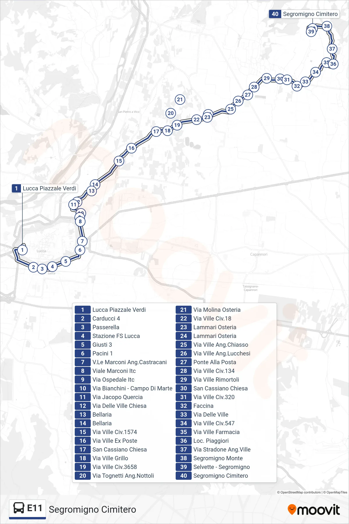 Linea E11 bus (Segromigno Cimitero) - Percorsi e fermate sulla mappa