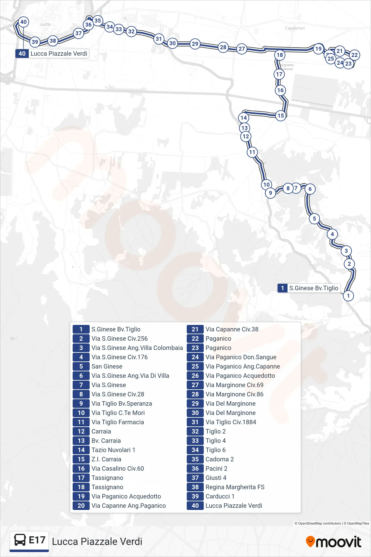 E17 bus Line (Lucca Piazzale Verdi) route and stops on a map