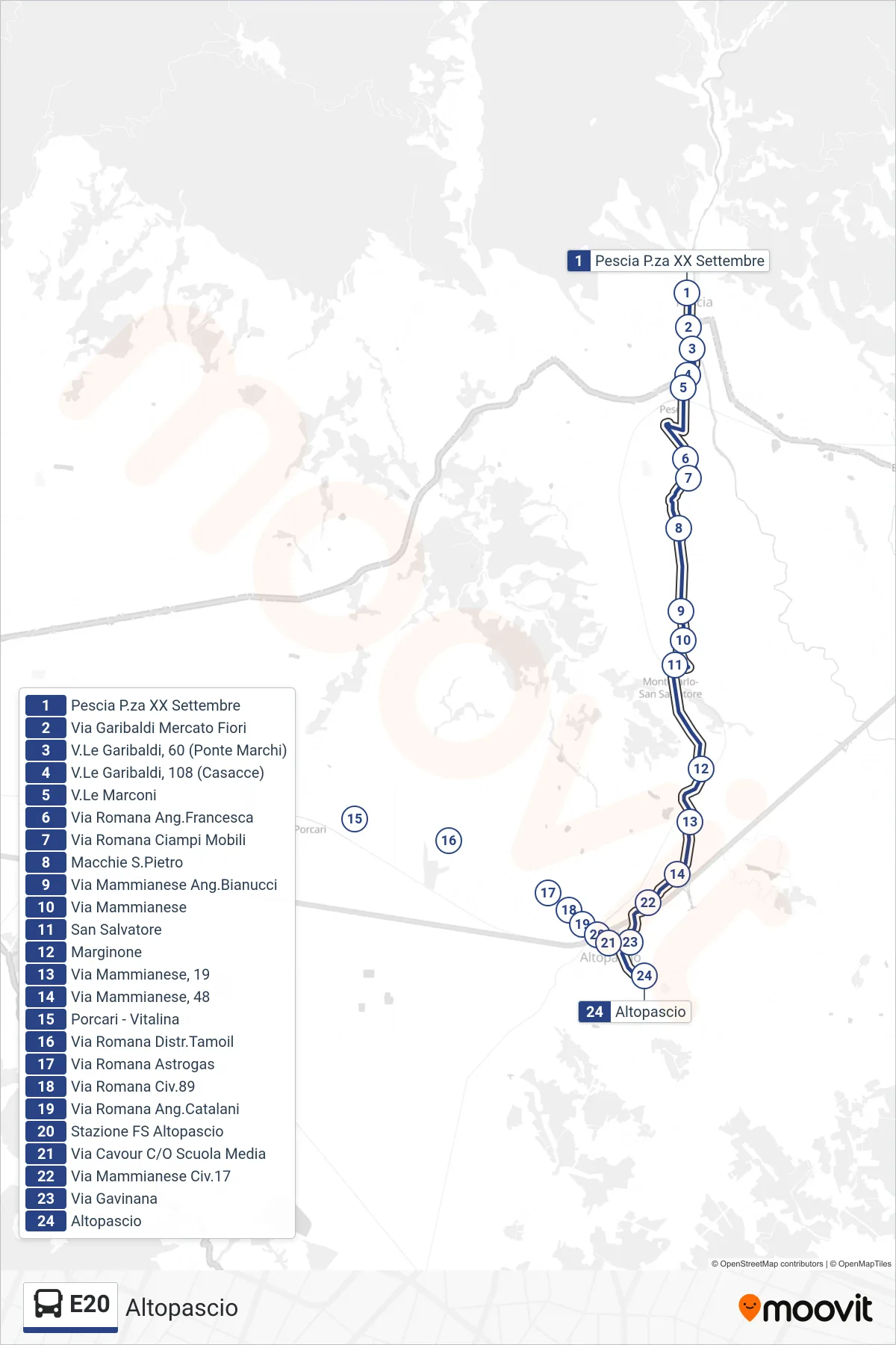 Linea E20 bus (Altopascio) - Percorsi e fermate sulla mappa