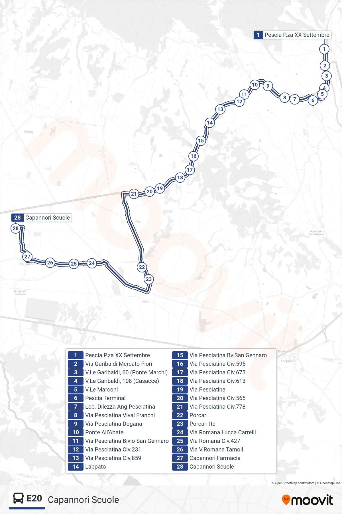 Linea E20 bus (Capannori Scuole) - Percorsi e fermate sulla mappa