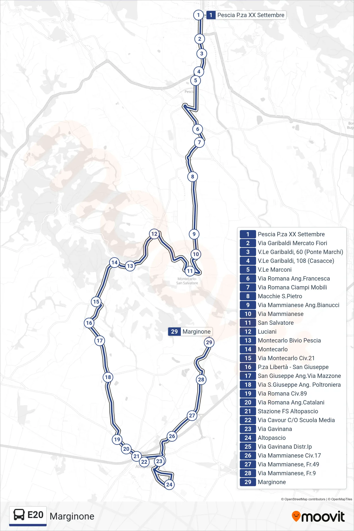 E20 bus Line (Marginone) route and stops on a map