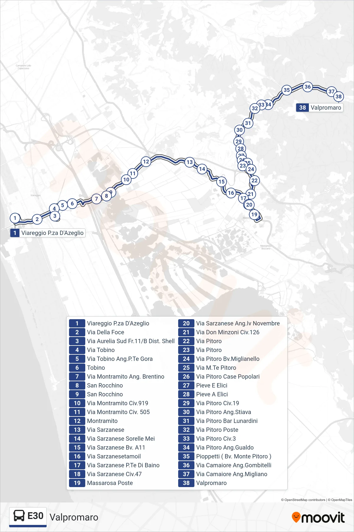 Linea E30 bus (Valpromaro) - Percorsi e fermate sulla mappa